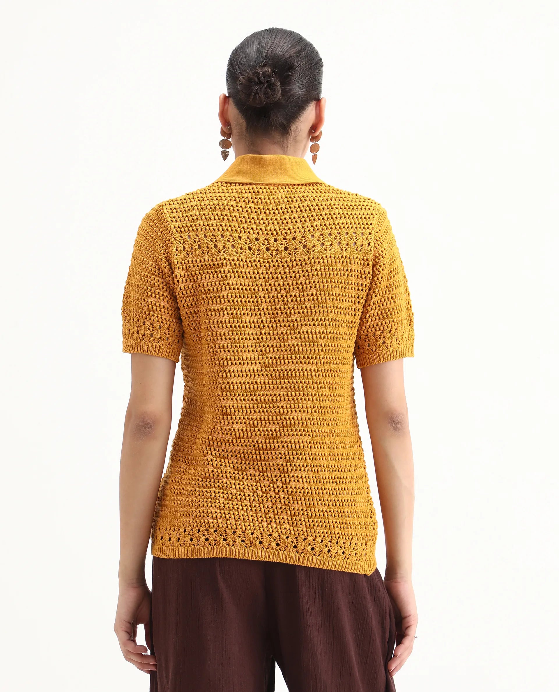 Rareism Women's Jantuda Dusky Mustard Cotton Johnny Collar Plain Relaxed Fit Top