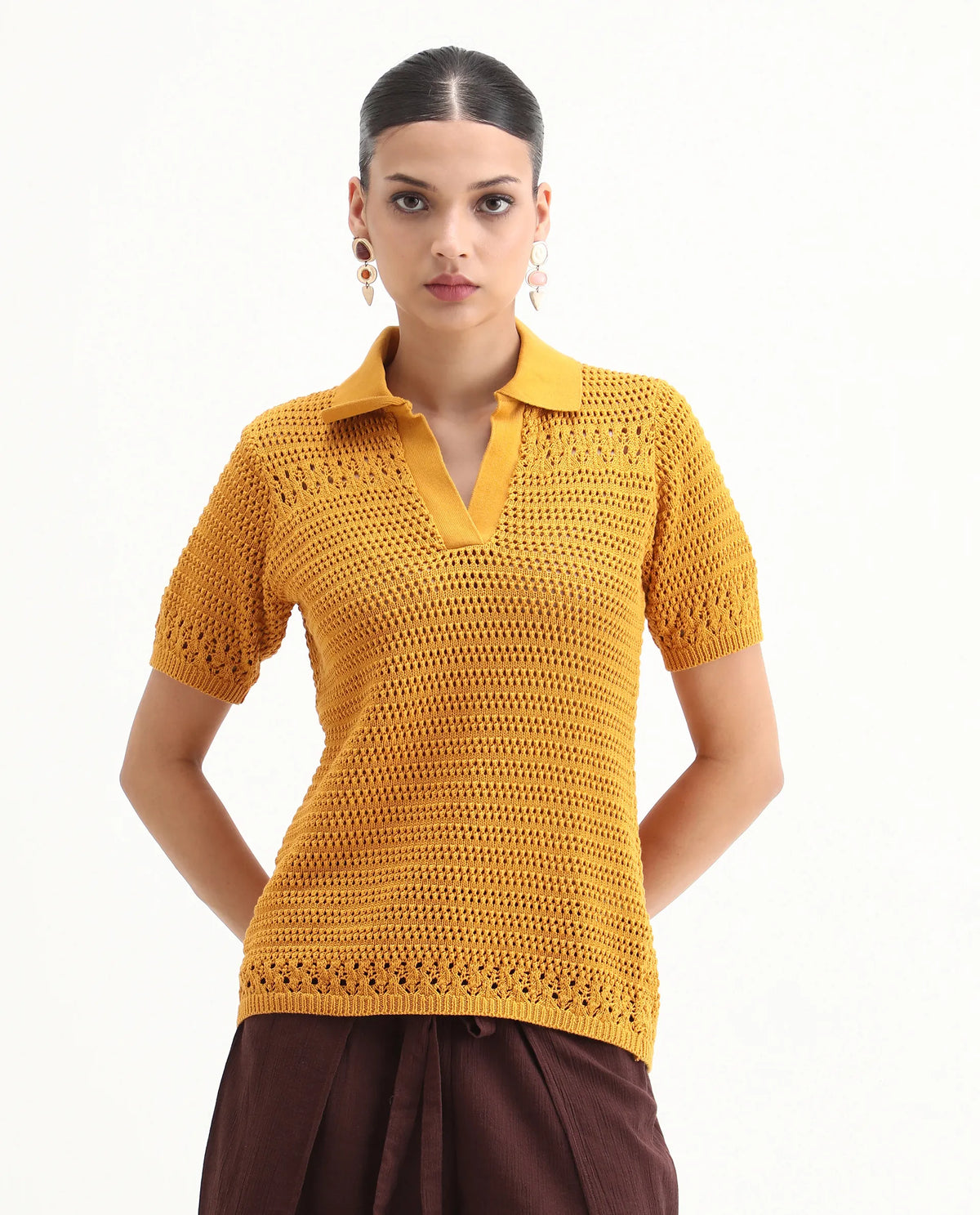 Rareism Women's Jantuda Dusky Mustard Cotton Johnny Collar Plain Relaxed Fit Top