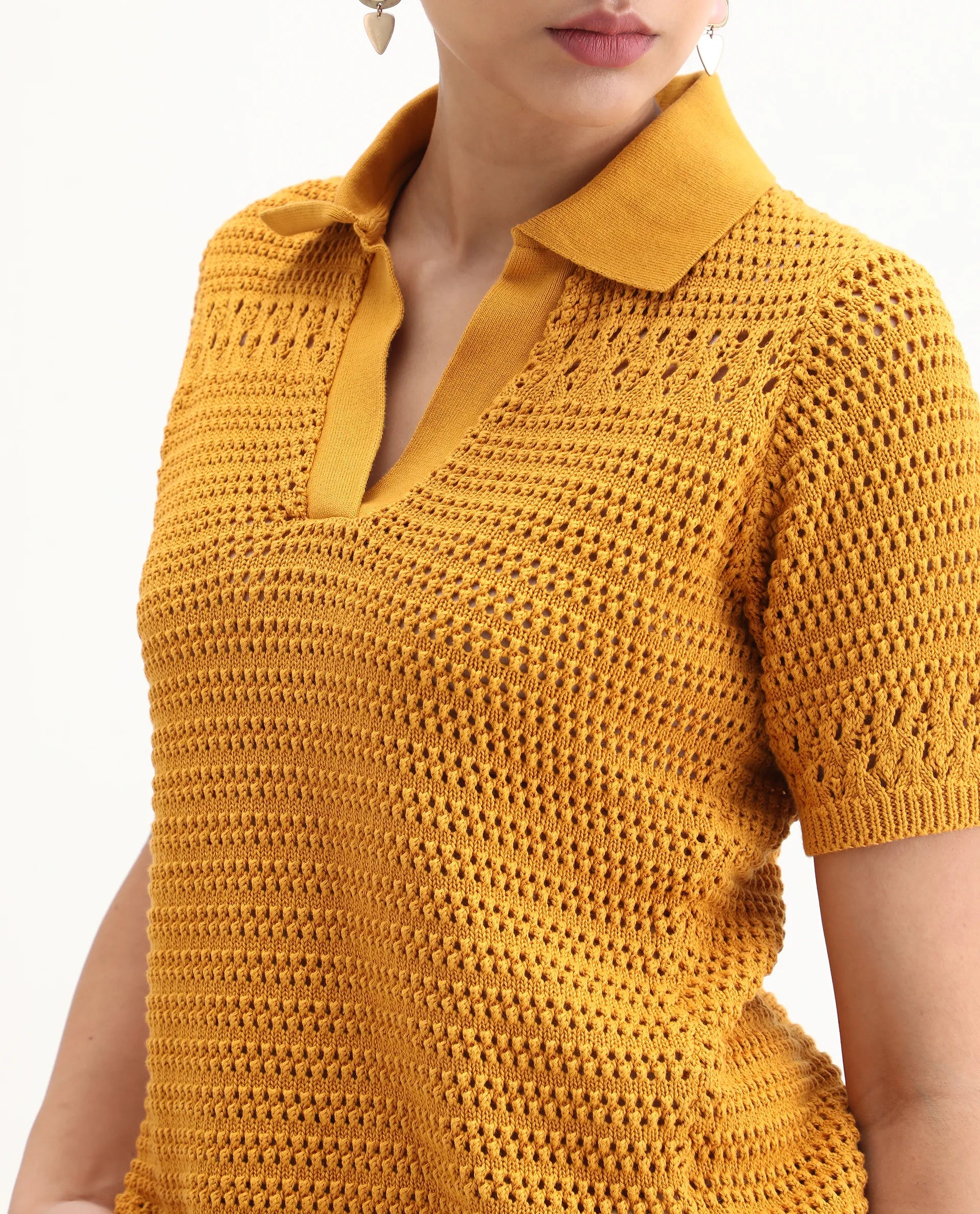 Rareism Women's Jantuda Dusky Mustard Cotton Johnny Collar Plain Relaxed Fit Top