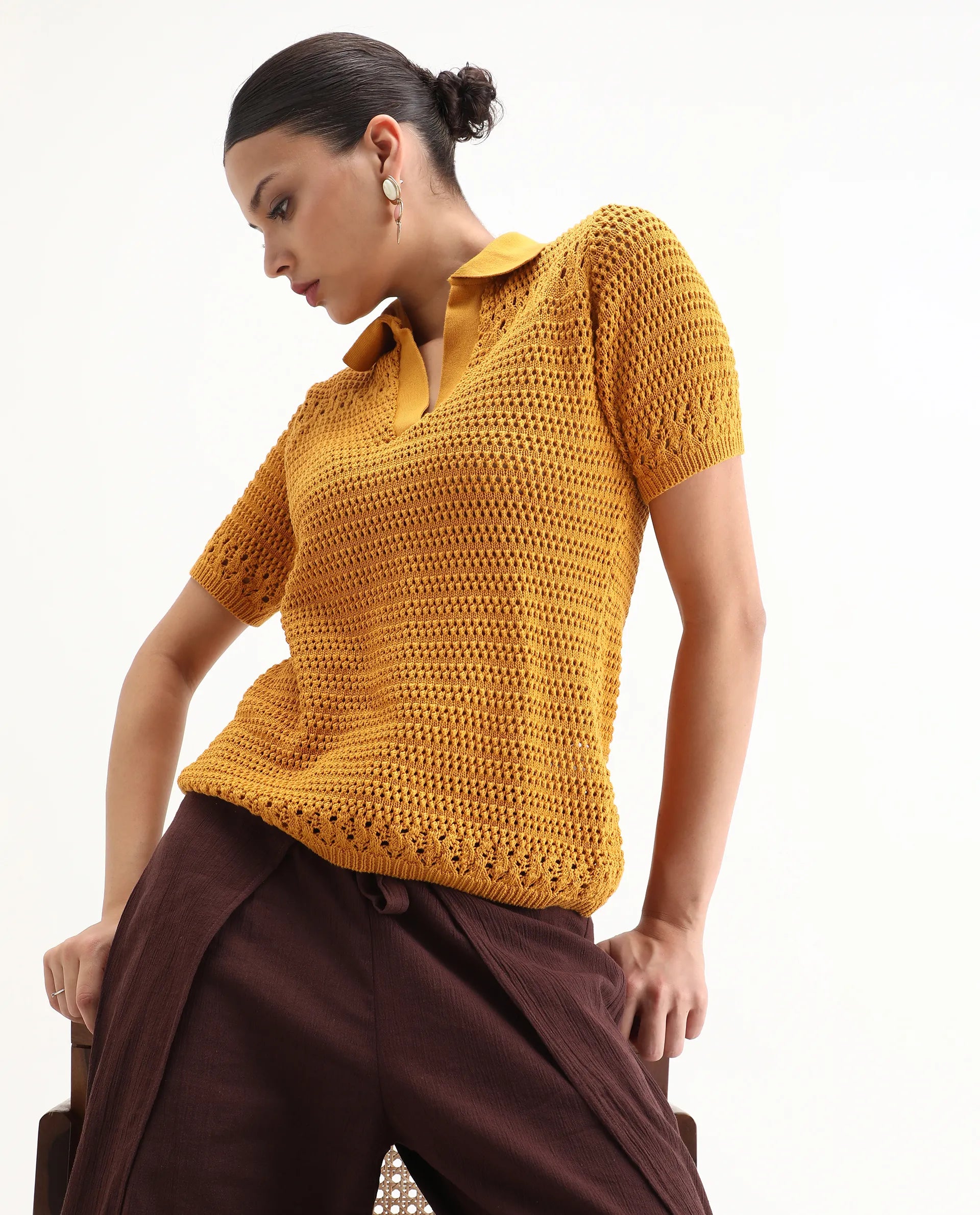 Rareism Women's Jantuda Dusky Mustard Cotton Johnny Collar Plain Relaxed Fit Top