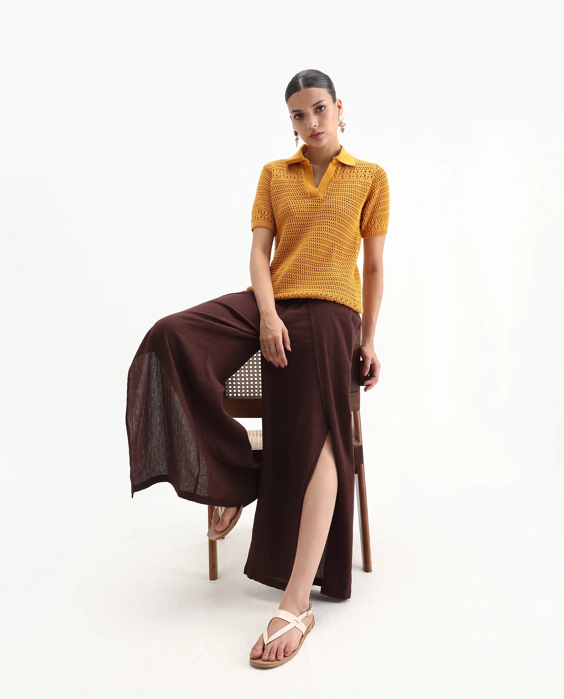 Rareism Women's Jantuda Dusky Mustard Cotton Johnny Collar Plain Relaxed Fit Top