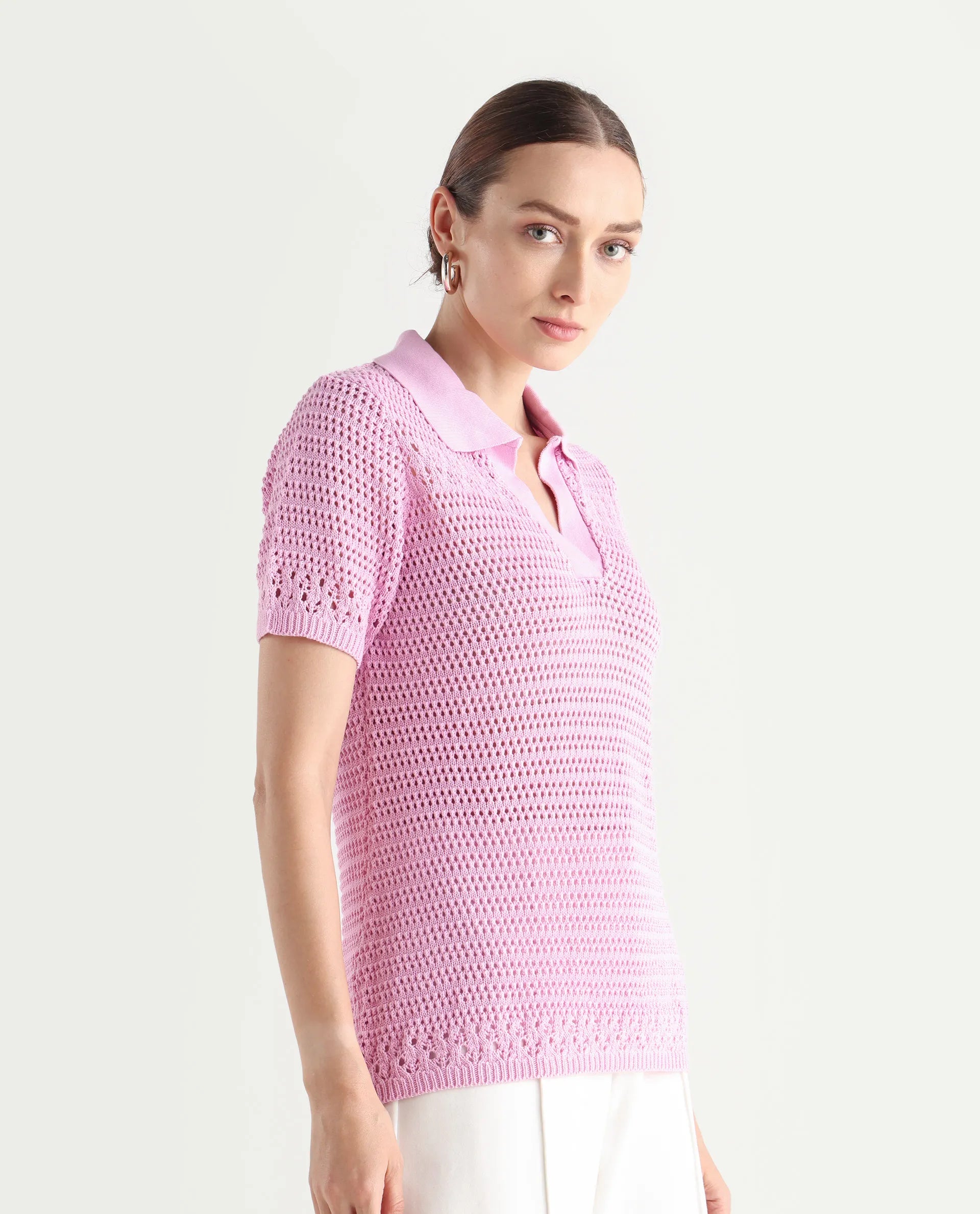 Rareism Women's Jantuda Light Pink Cotton Johnny Collar Plain Regular Fit Top