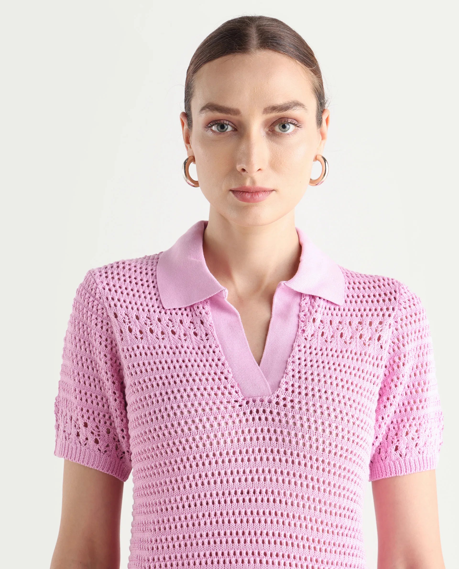 Rareism Women's Jantuda Light Pink Cotton Johnny Collar Plain Regular Fit Top