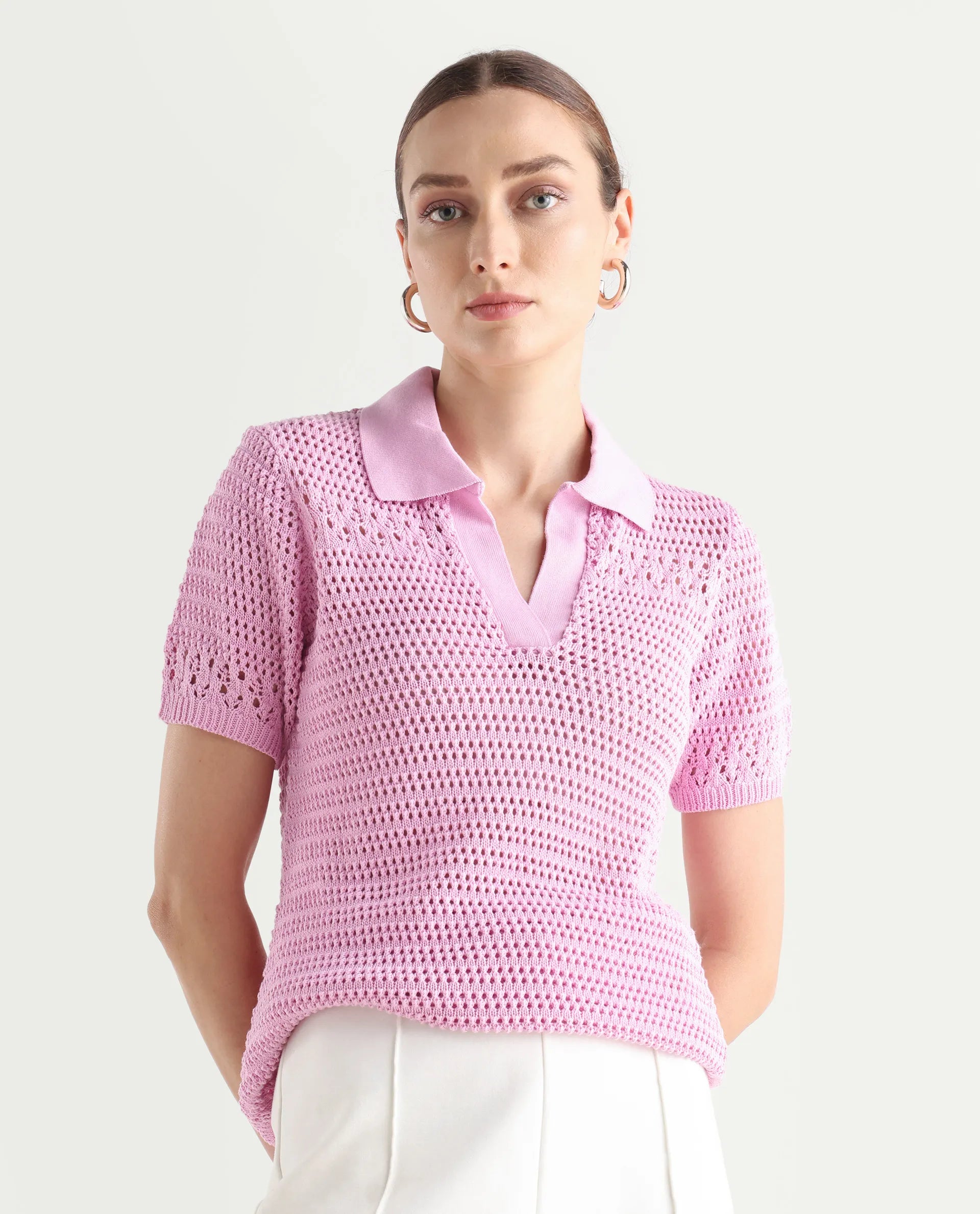 Rareism Women's Jantuda Light Pink Cotton Johnny Collar Plain Regular Fit Top
