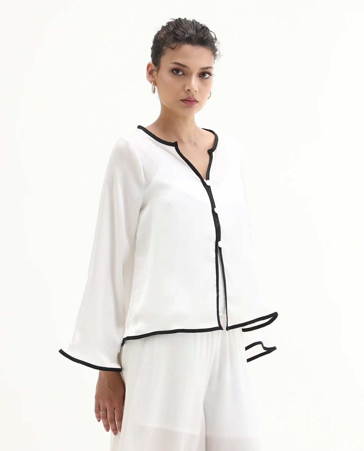 Rareism Women's Janula T White Polyester Round Neck Plain Bell Sleeve Regular Fit Top