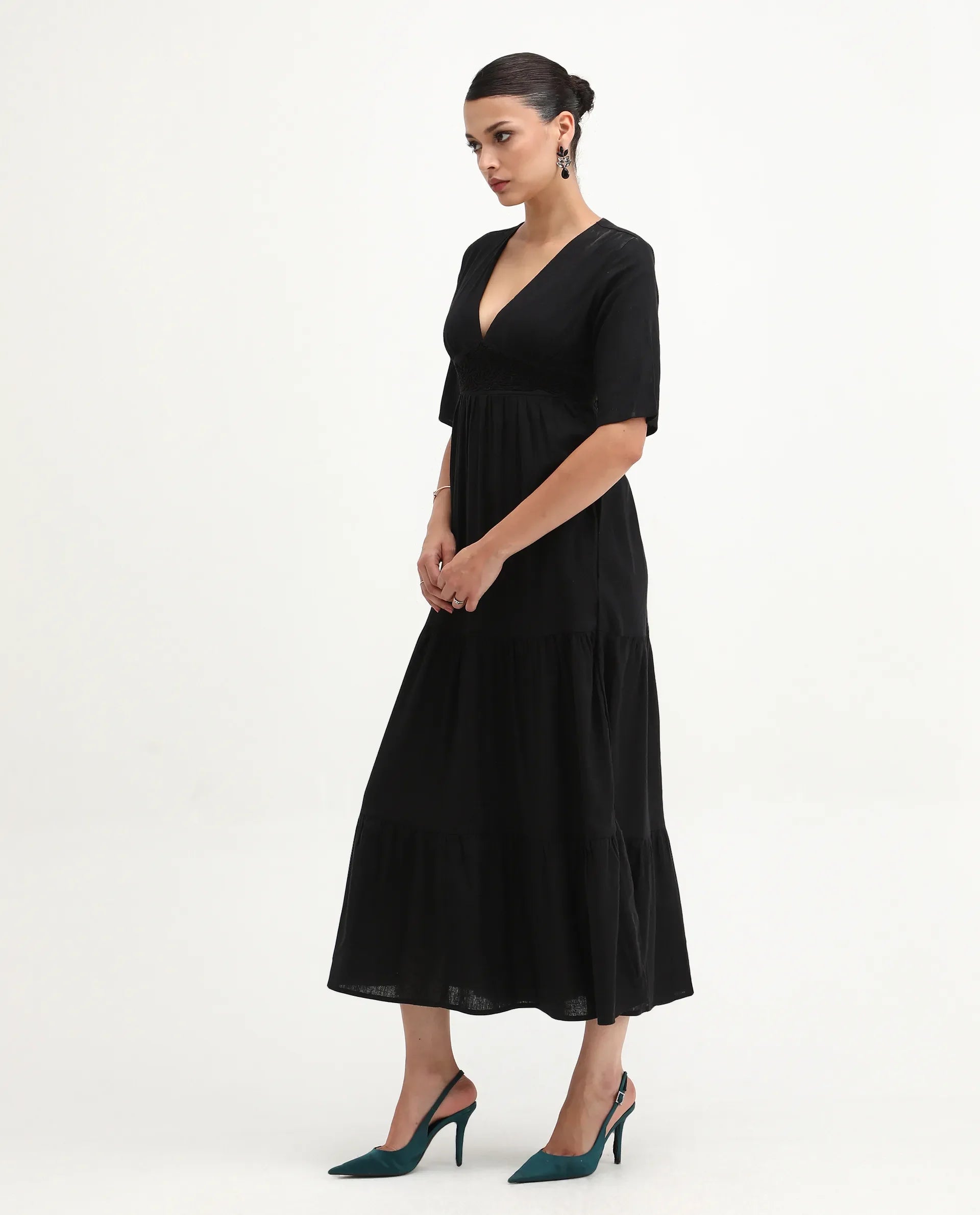 Rareism Women's Janyaka Black Linen V-Neck Plain Maxi Fit And Flare Dress