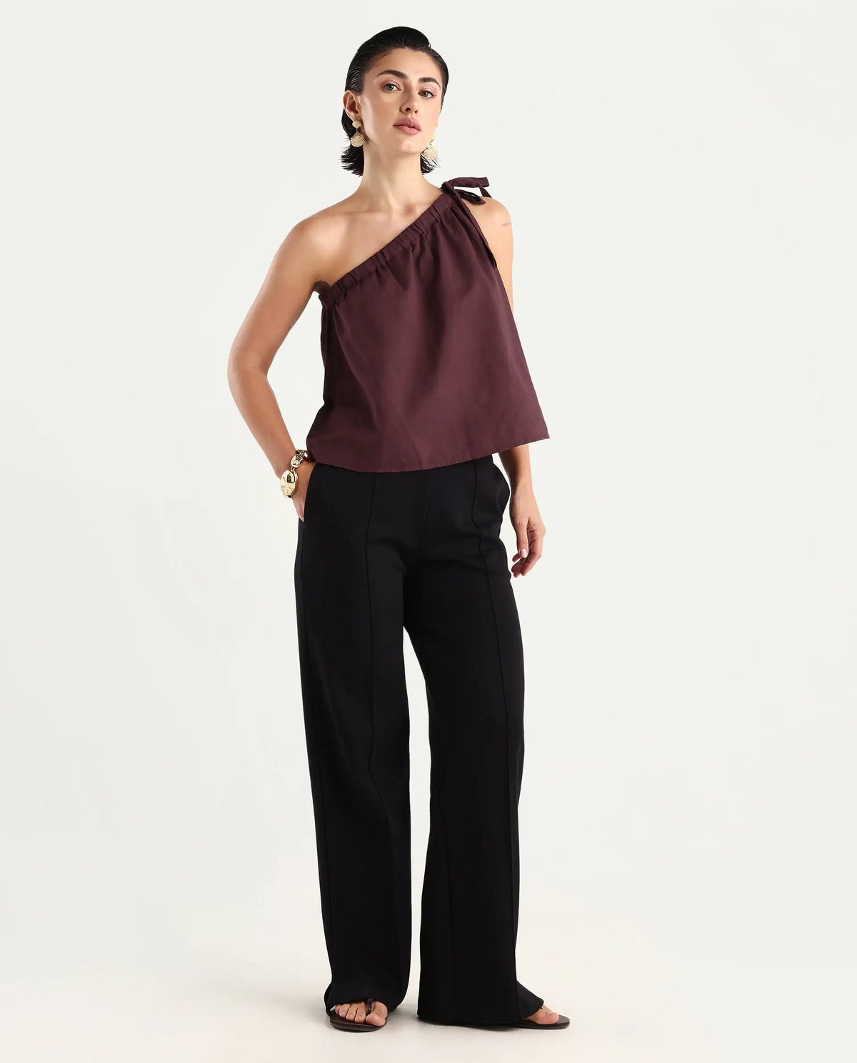Rareism Women's Jarza Maroon Cotton Blend One Shoulder Plain One Shoulder Crop Regular Fit Top