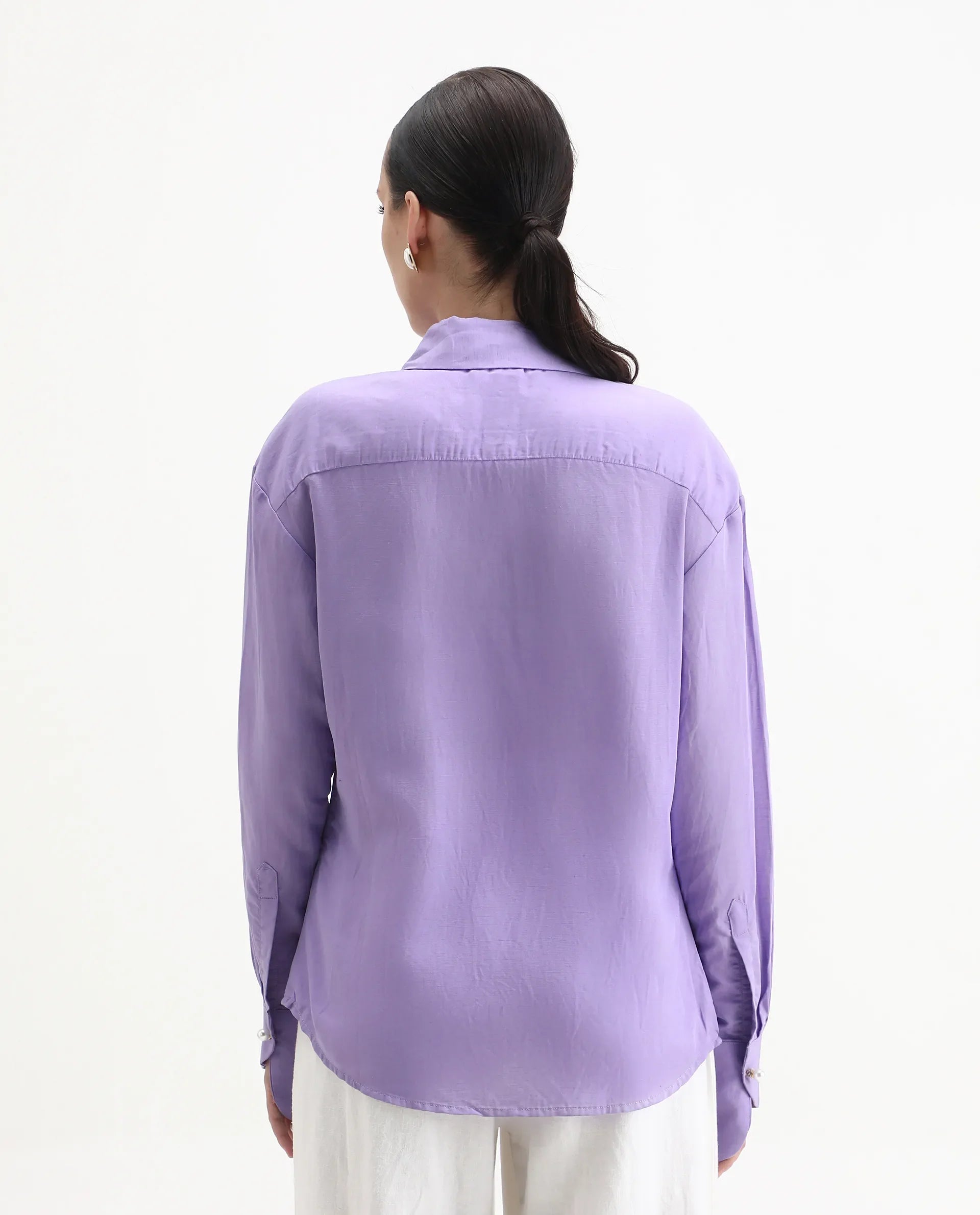 Rareism Women's Jayleen Purple Linen Spread Collar Plain Slim Fit Top
