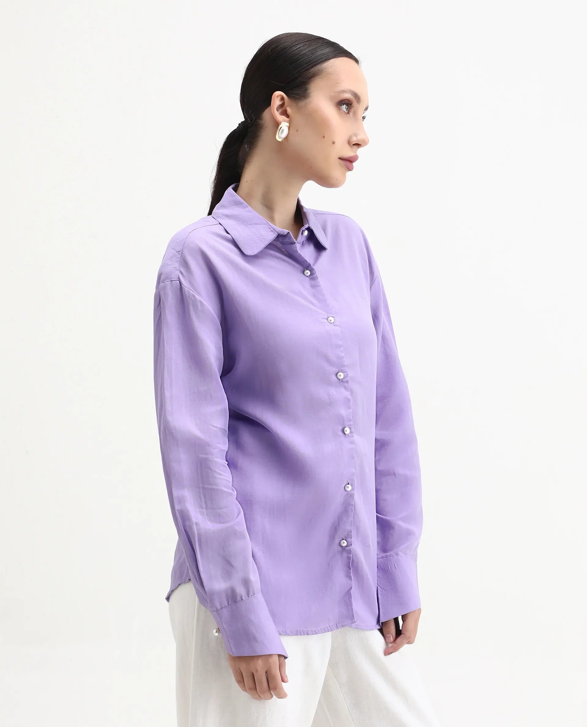 Rareism Women's Jayleen Purple Linen Spread Collar Plain Slim Fit Top