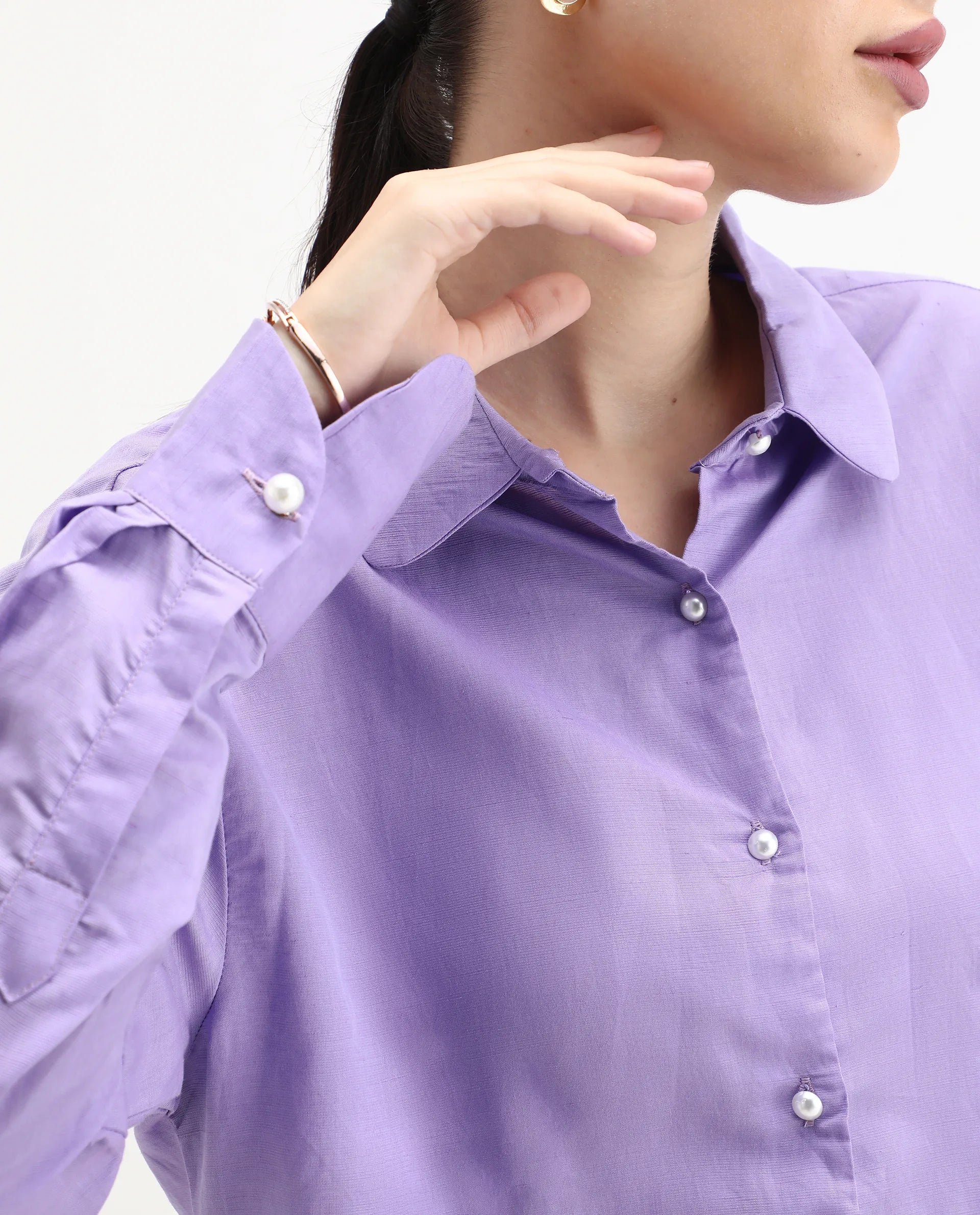 Rareism Women's Jayleen Purple Linen Spread Collar Plain Slim Fit Top