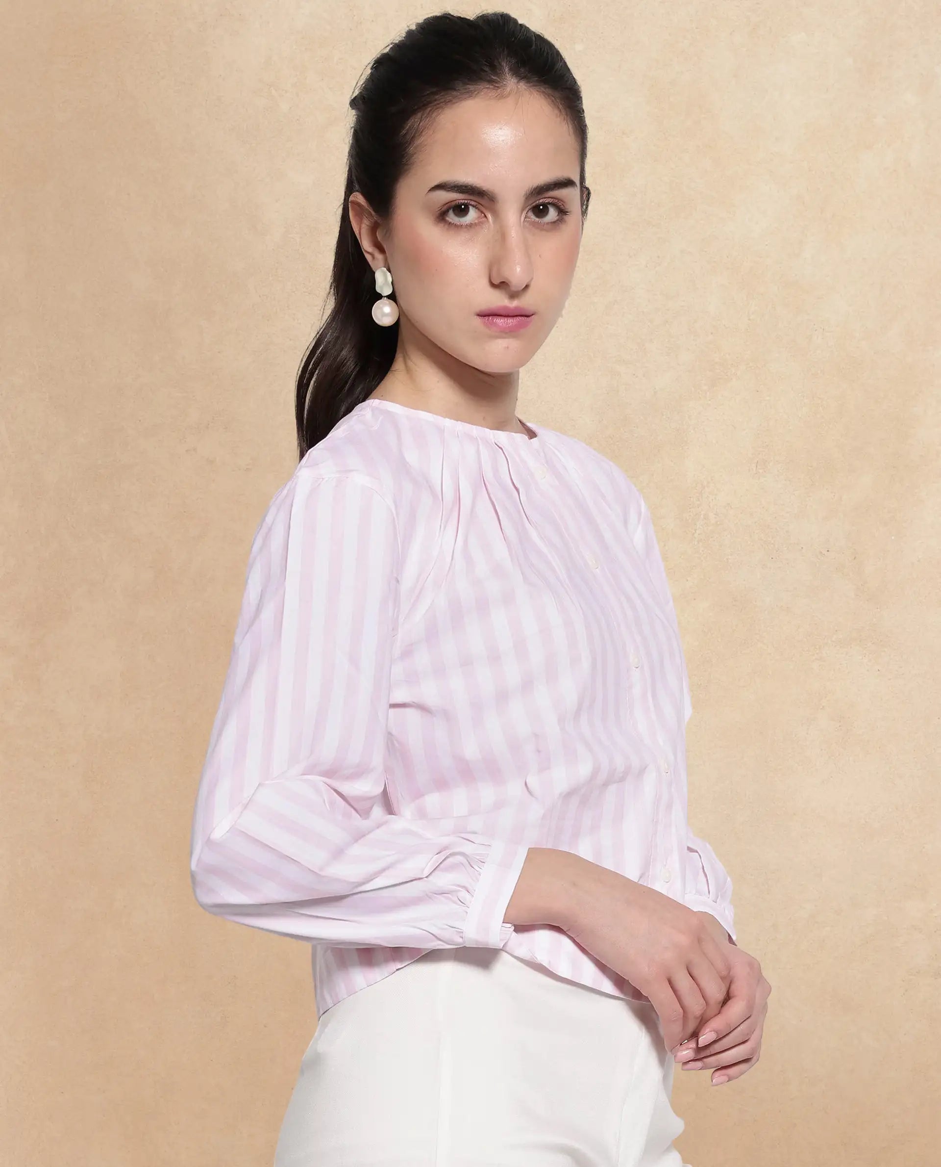 Rareism Women's Jayleon Pink Cotton Crew Neck Striped Cuffed Sleeve Regular Fit Top