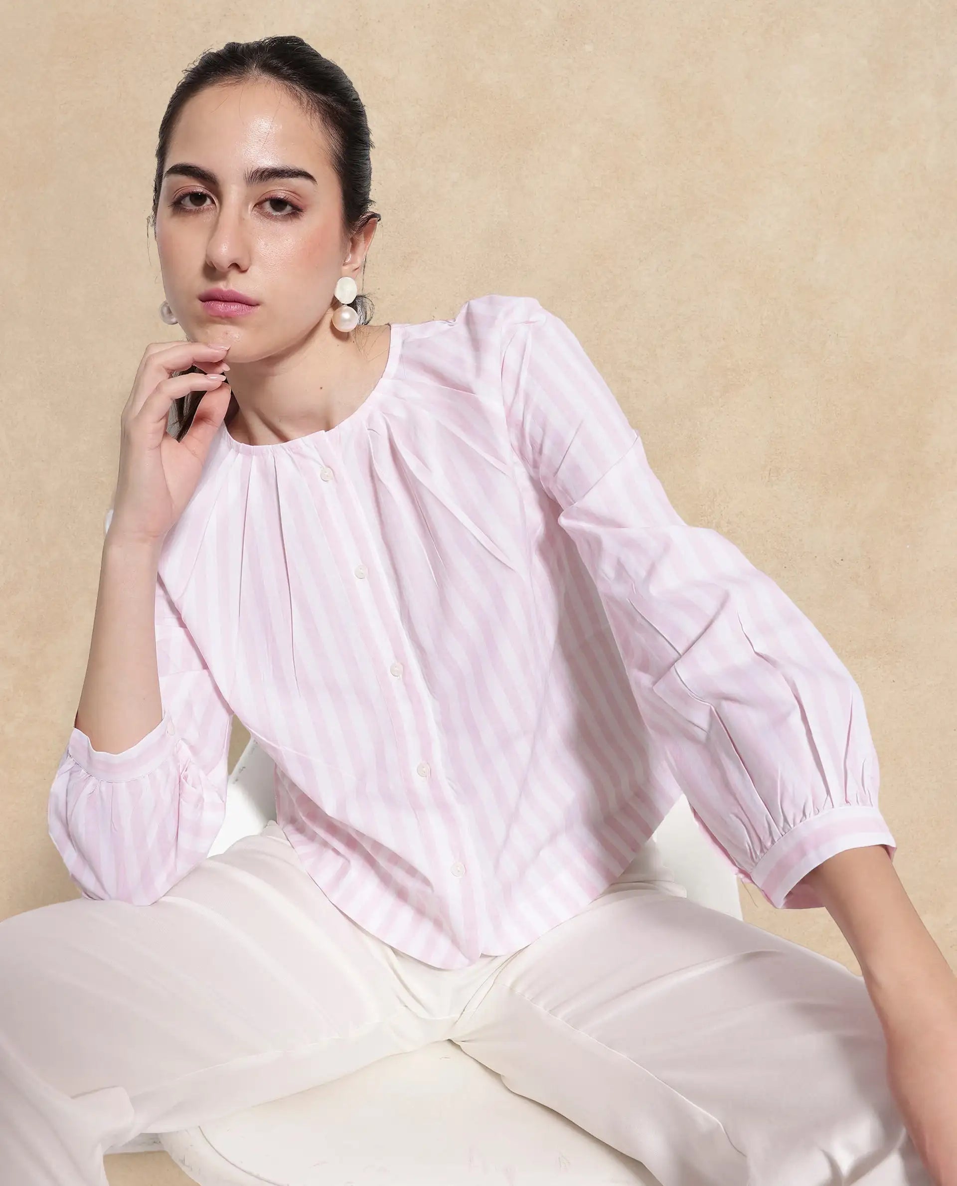 Rareism Women's Jayleon Pink Cotton Crew Neck Striped Cuffed Sleeve Regular Fit Top