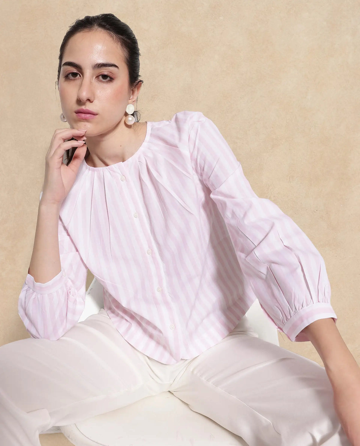 Rareism Women Jayleon Pink Cuffed Sleeve Round Neck Button Narrow Stripes Top