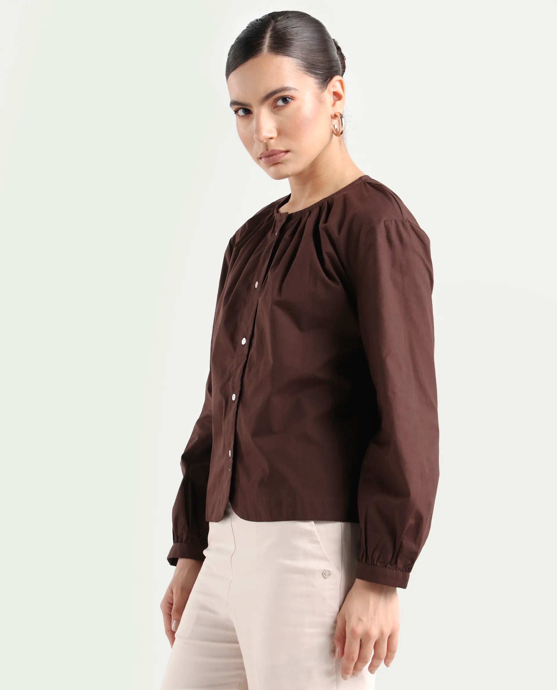 Rareism Women's Jaylo Brown Cotton Crew Neck Plain Cuffed Sleeve Regular Fit Top