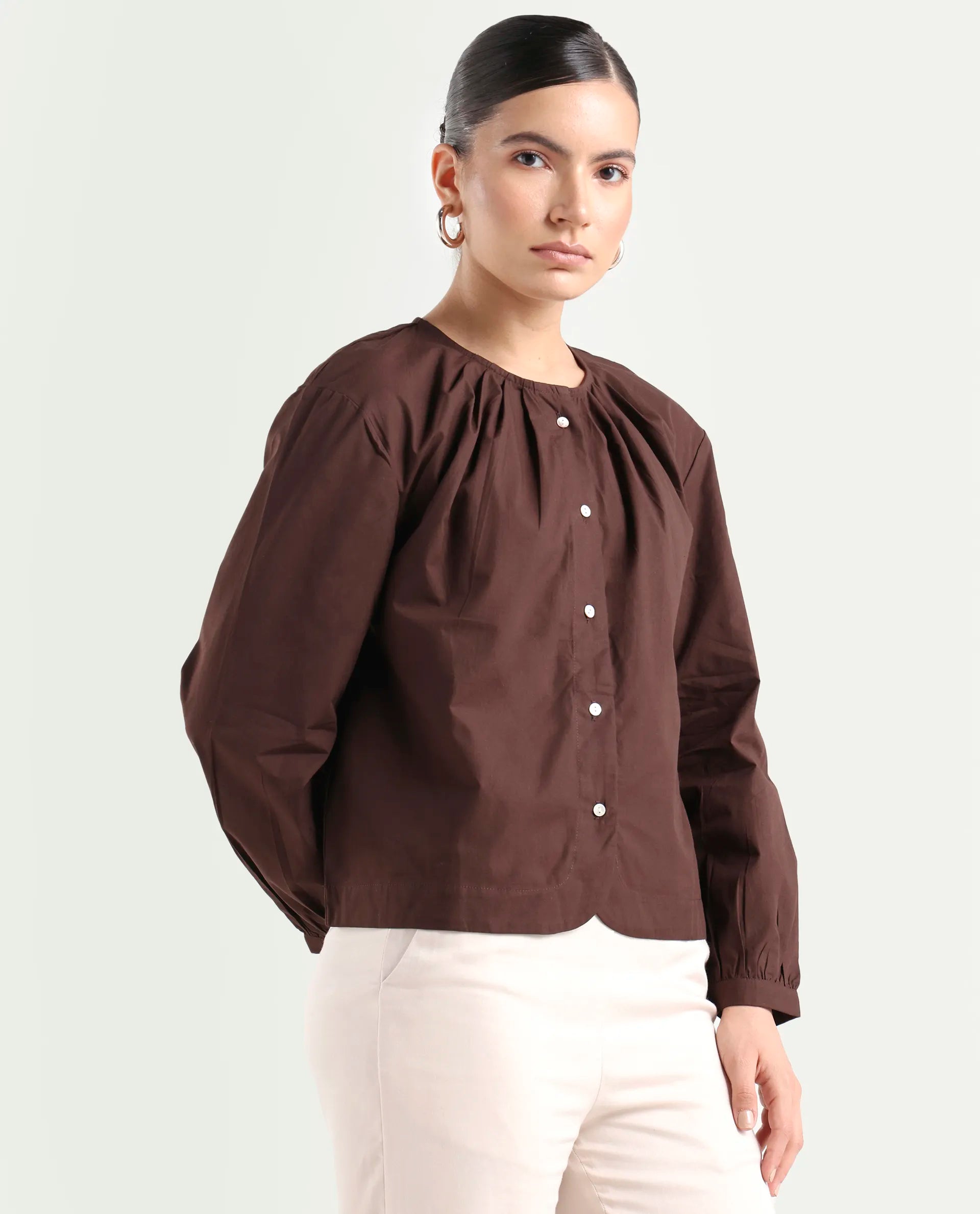 Rareism Women's Jaylo Brown Cotton Crew Neck Plain Cuffed Sleeve Regular Fit Top