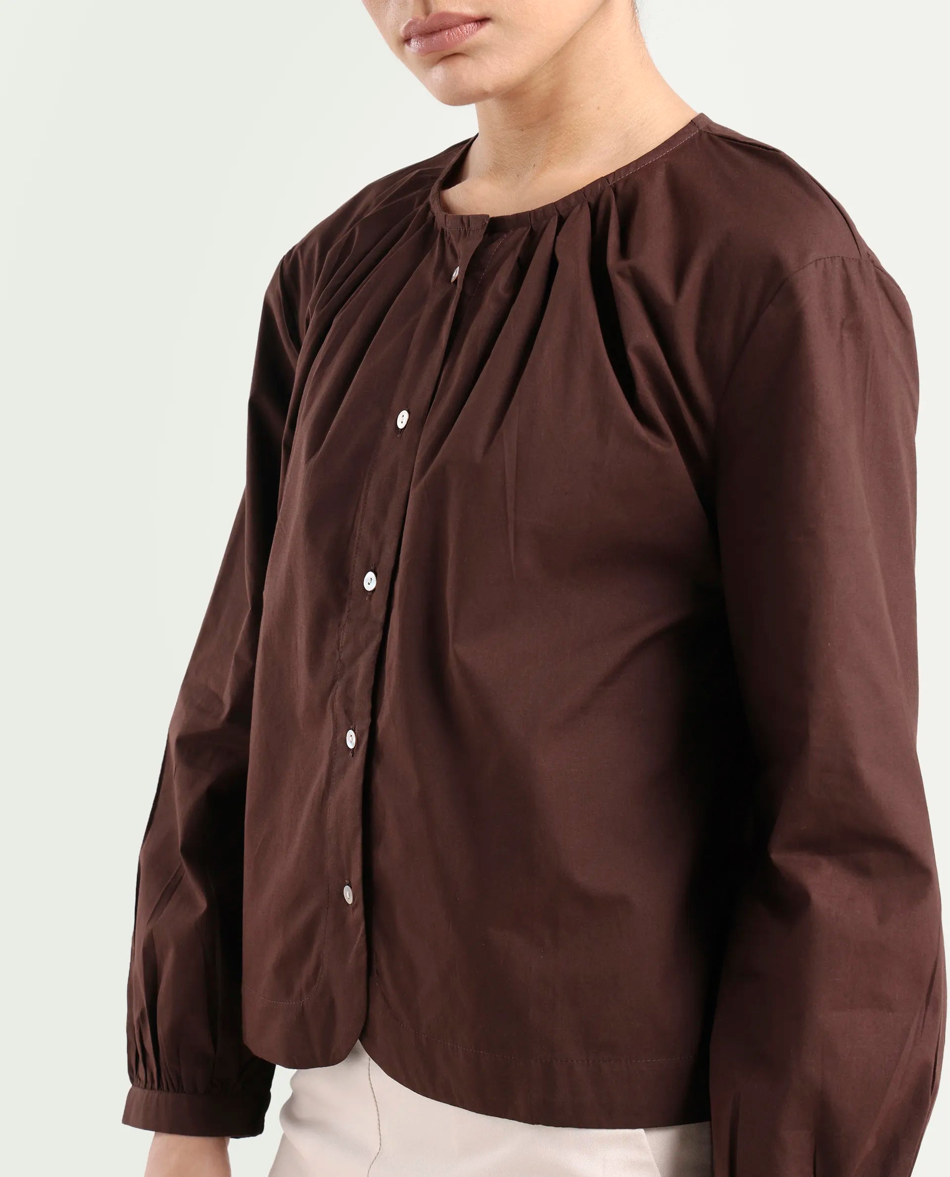 Rareism Women's Jaylo Brown Cotton Crew Neck Plain Cuffed Sleeve Regular Fit Top