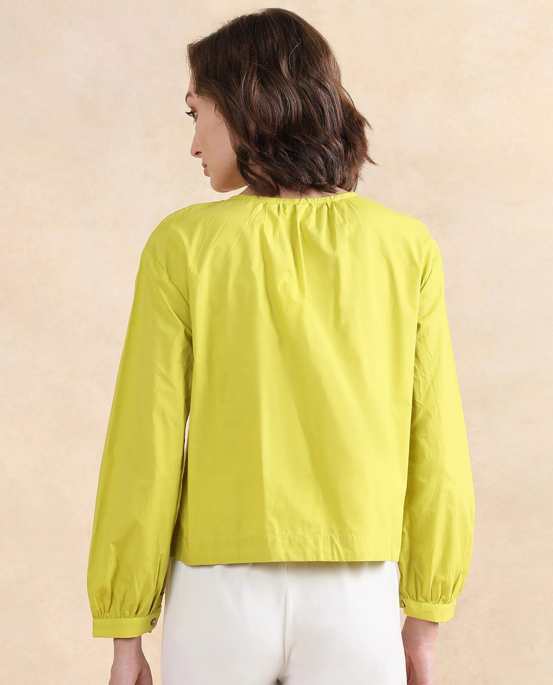 Rareism Women's Jaylo Green Cotton Crew Neck Plain Cuffed Sleeve Regular Fit Top