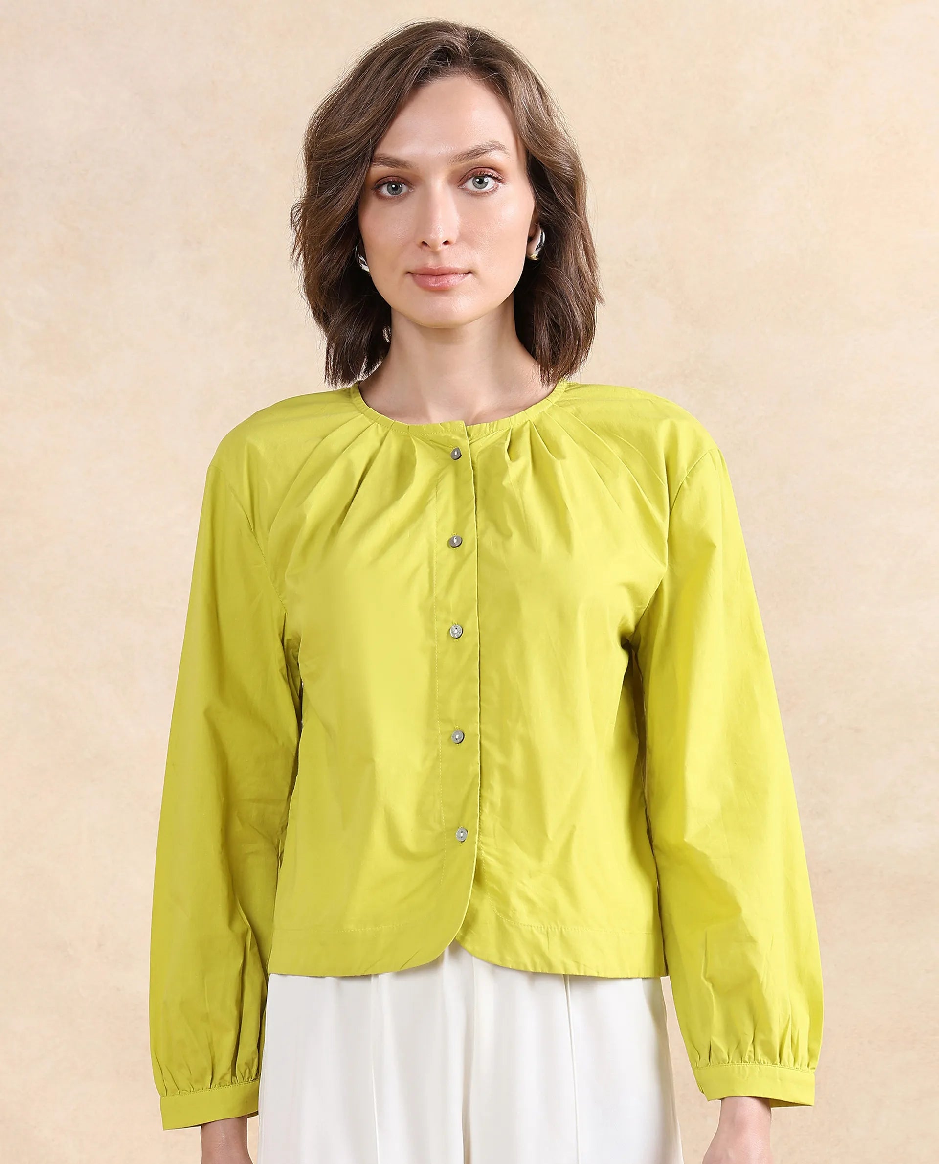 Rareism Women's Jaylo Green Cotton Crew Neck Plain Cuffed Sleeve Regular Fit Top