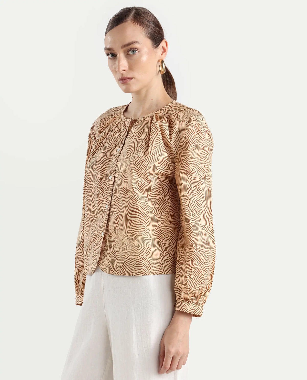 Rareism Women's Jaylone Beige Cotton Crew Neck Geometric Print Cuffed Sleeve Regular Fit Top