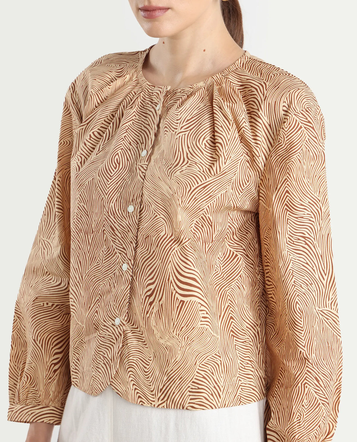 Rareism Women's Jaylone Beige Cotton Crew Neck Geometric Print Cuffed Sleeve Regular Fit Top