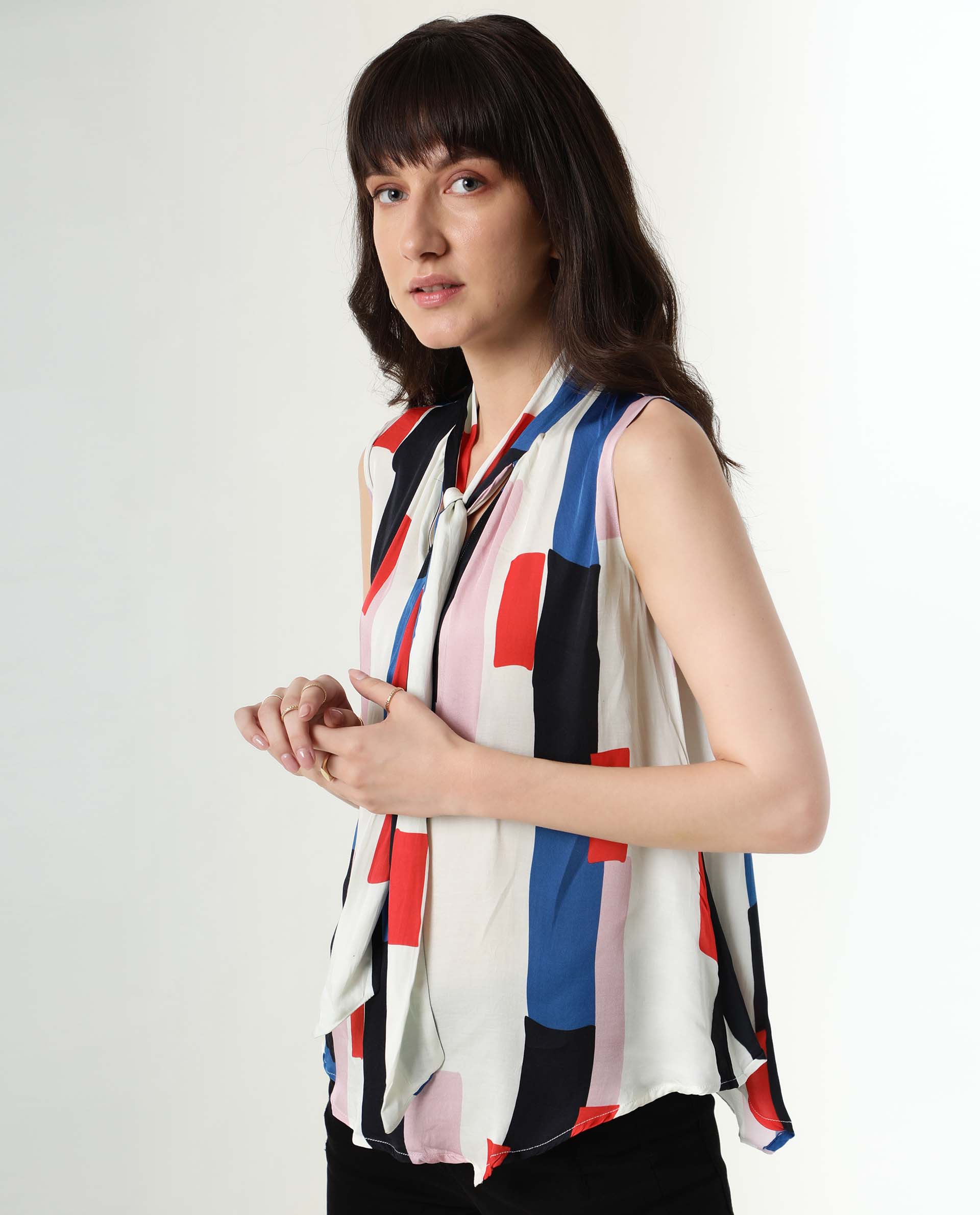 Rareism Women's Jazzes White Cowl Neck Printed Sleeveless Knee Length Tailored Top