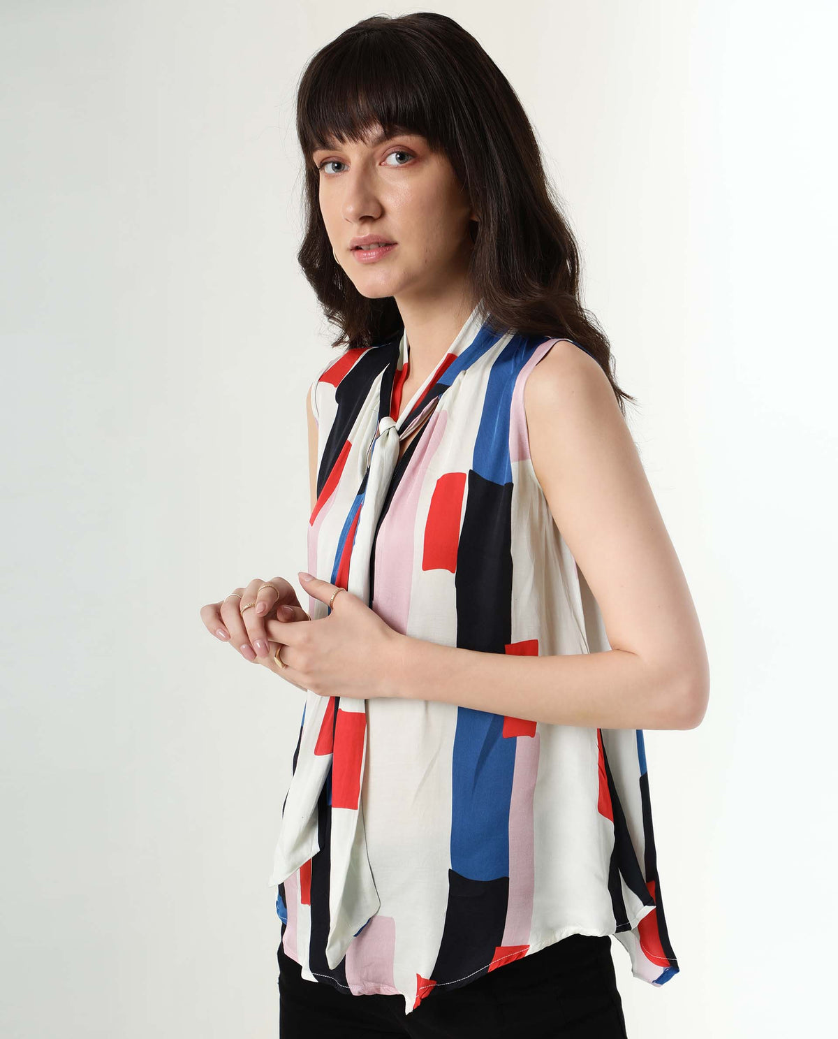 Rareism Womens Jazzes White Top Modal Satin Fabric Regular Fit Sleeveless Tie Up Neck