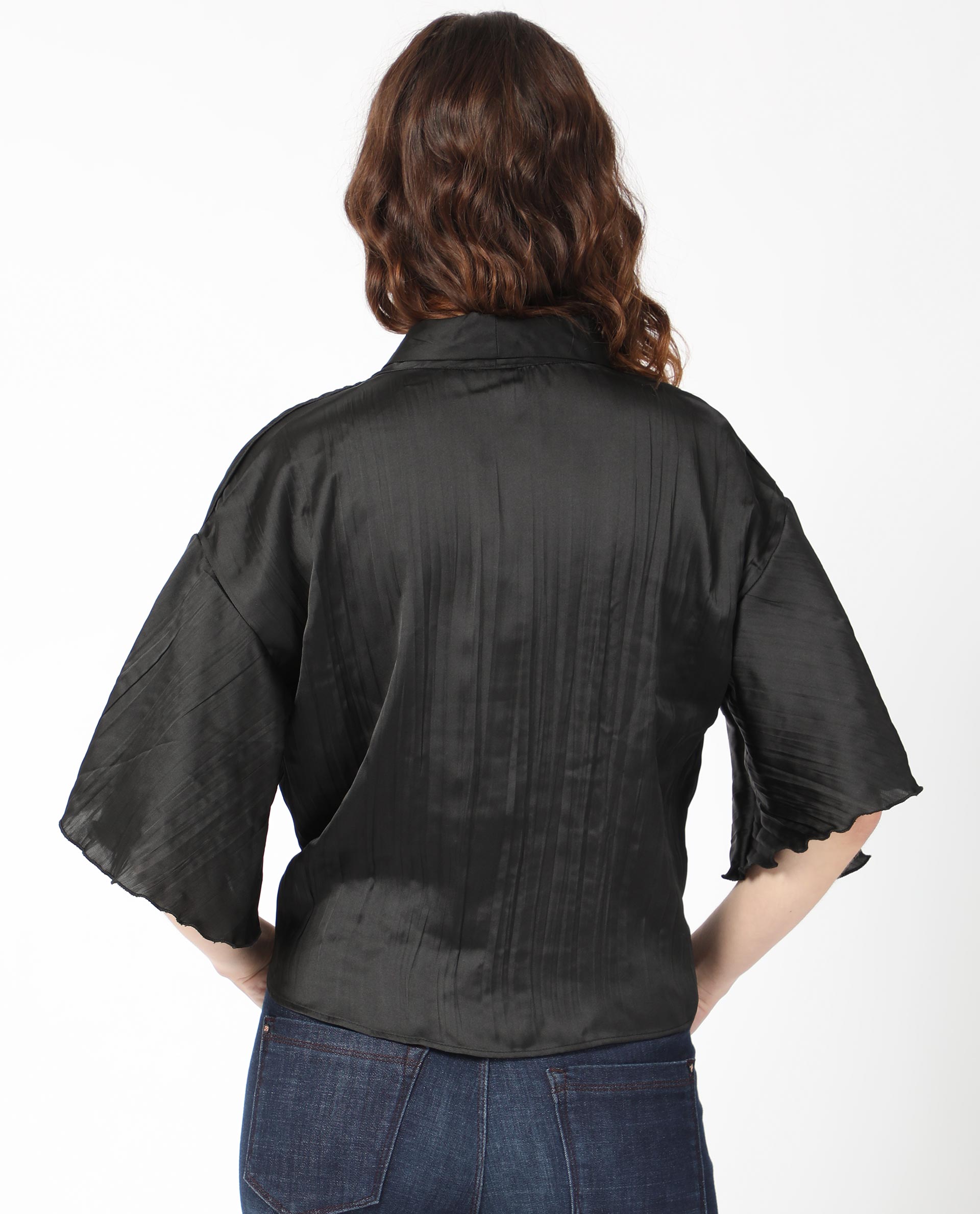 Rareism Women's Jedy Black Polyester Shawl Collar Plain Bell Sleeve Regular Fit Top