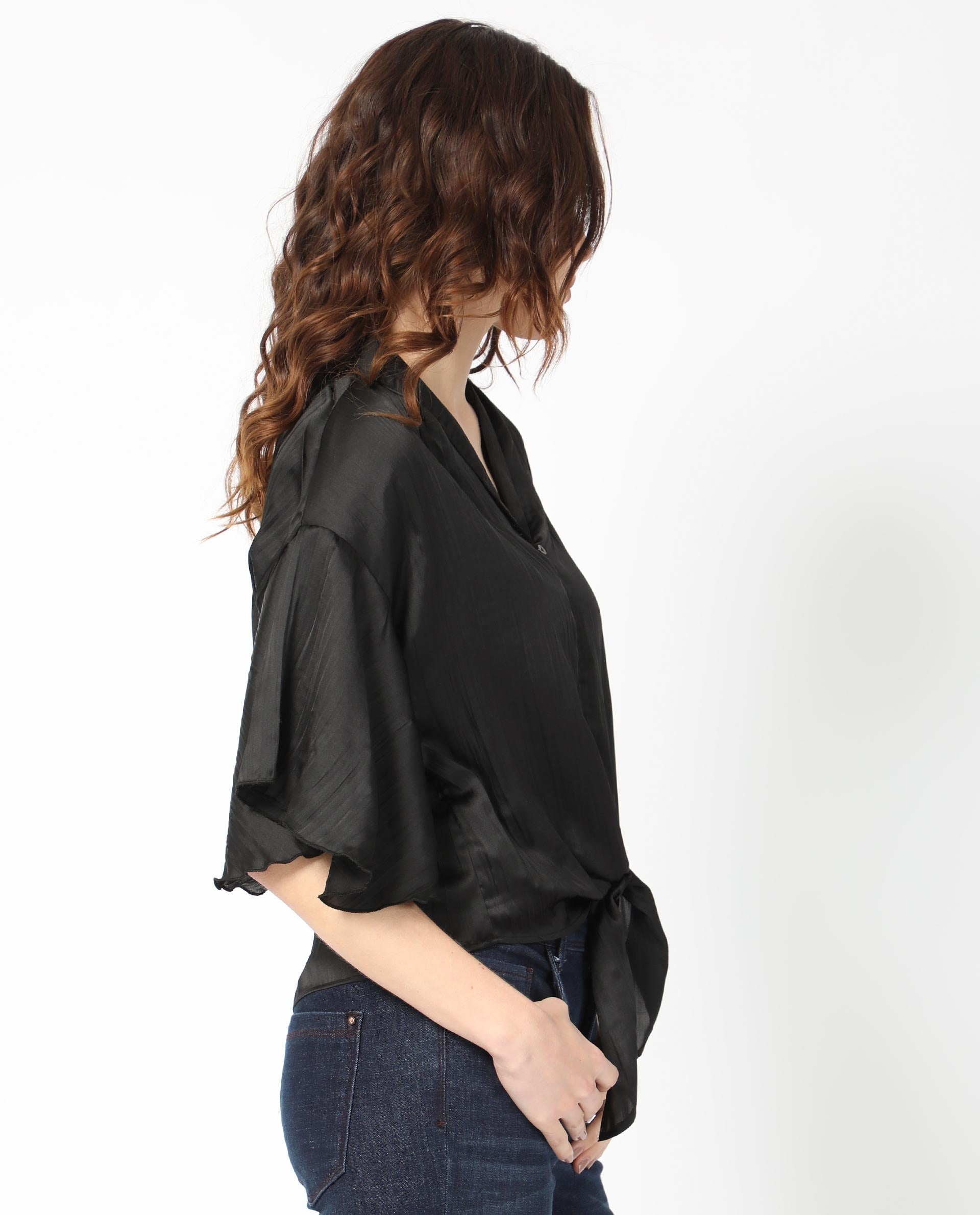 Rareism Women's Jedy Black Polyester Shawl Collar Plain Bell Sleeve Regular Fit Top
