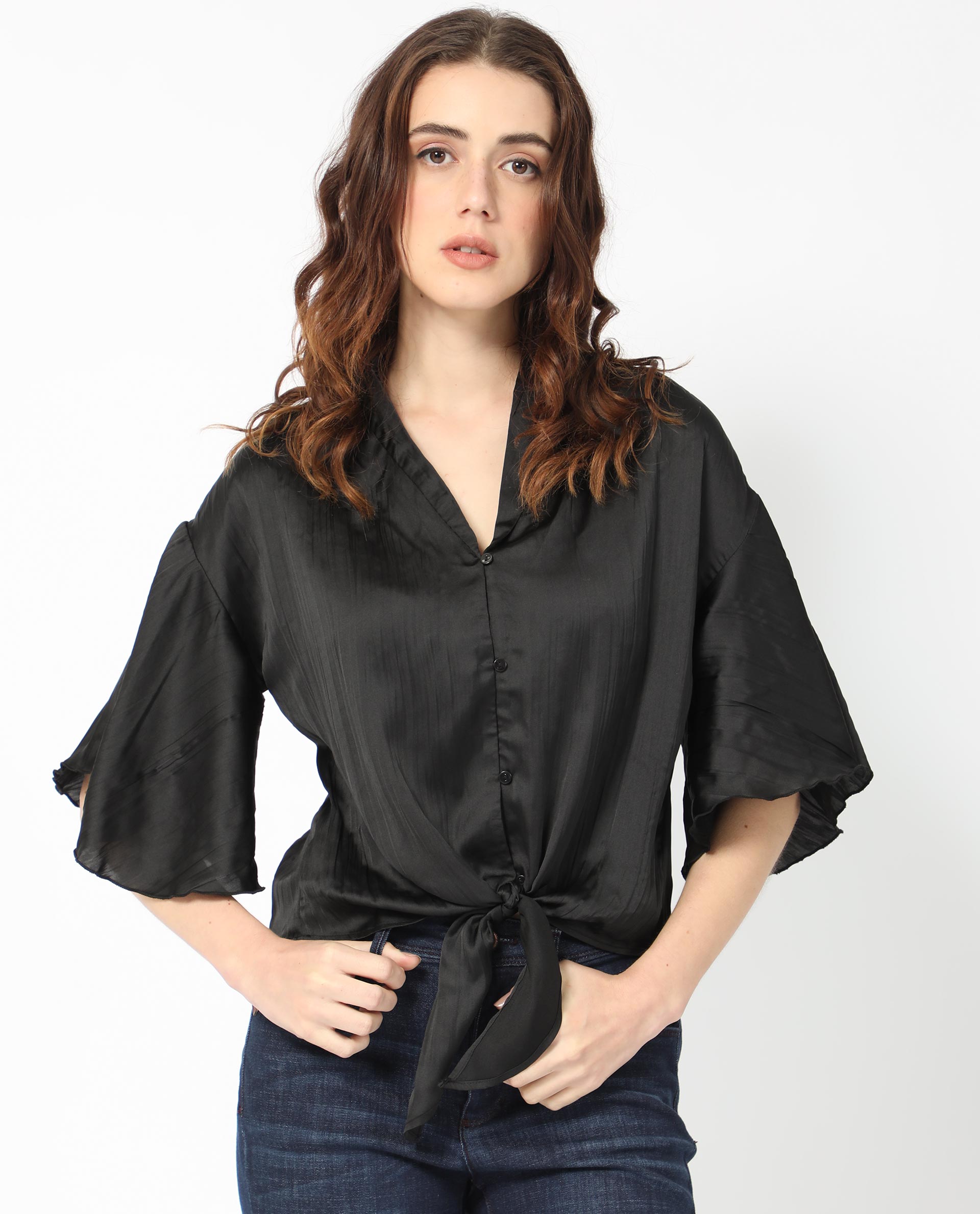 Rareism Women's Jedy Black Polyester Shawl Collar Plain Bell Sleeve Regular Fit Top