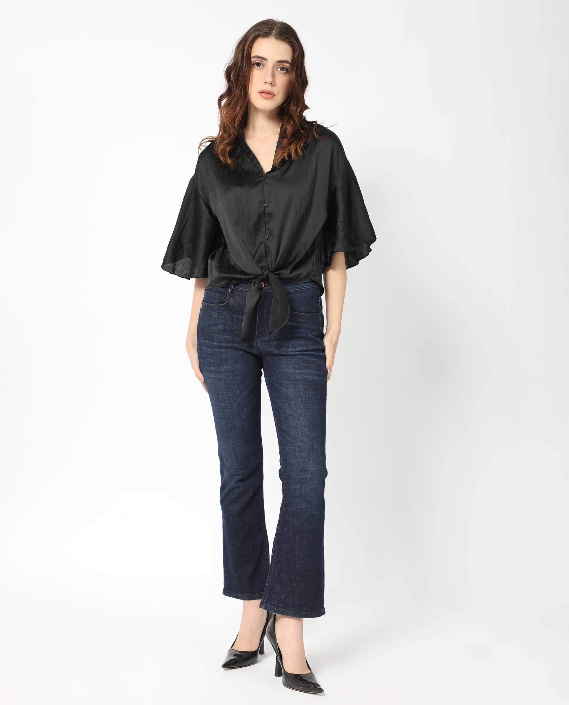 Rareism Women's Jedy Black Polyester Shawl Collar Plain Bell Sleeve Regular Fit Top