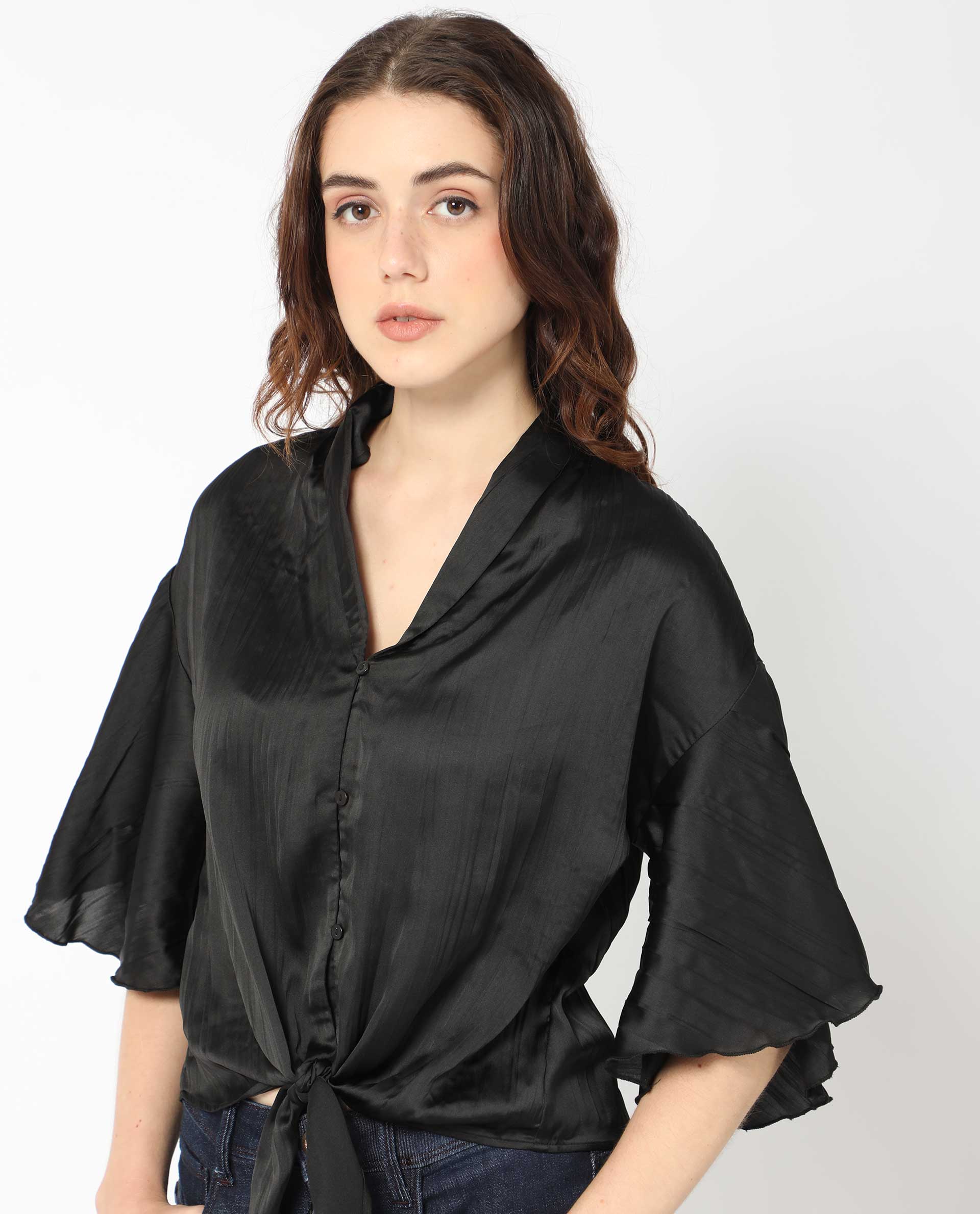 Rareism Women's Jedy Black Polyester Shawl Collar Plain Bell Sleeve Regular Fit Top