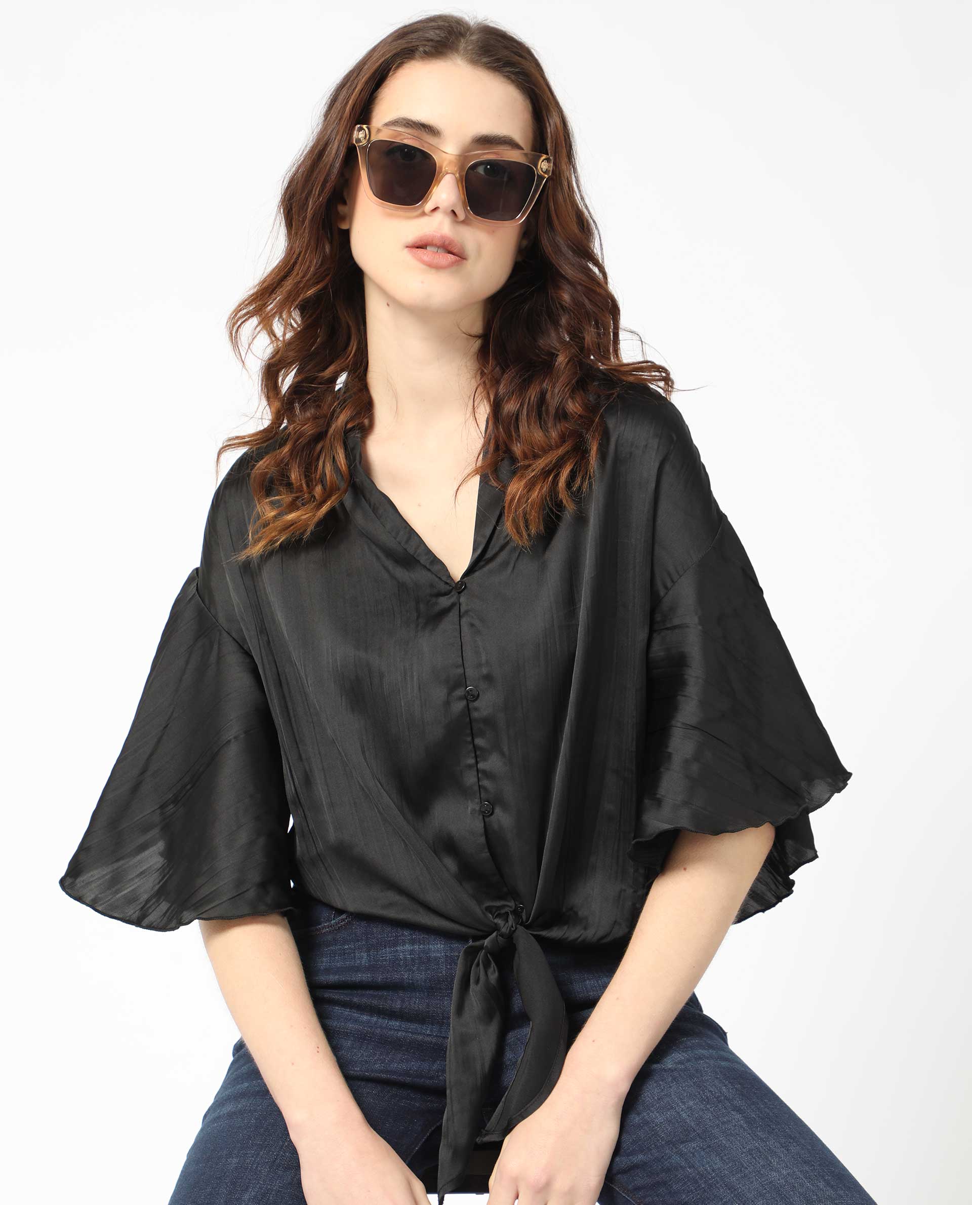 Rareism Women's Jedy Black Polyester Shawl Collar Plain Bell Sleeve Regular Fit Top