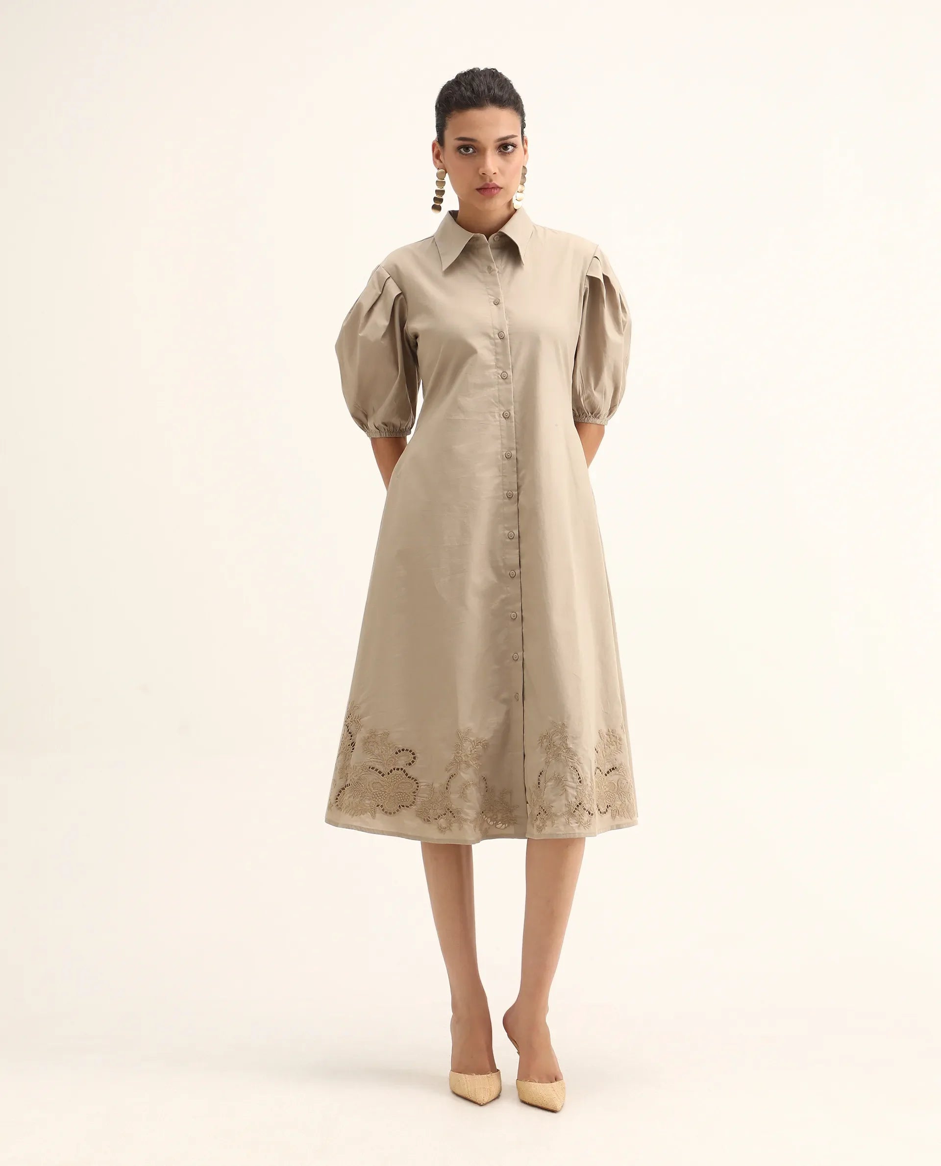 Rareism Women's Jembo Beige Cotton Collared Neck A-Line Geometric Print Midi Dress
