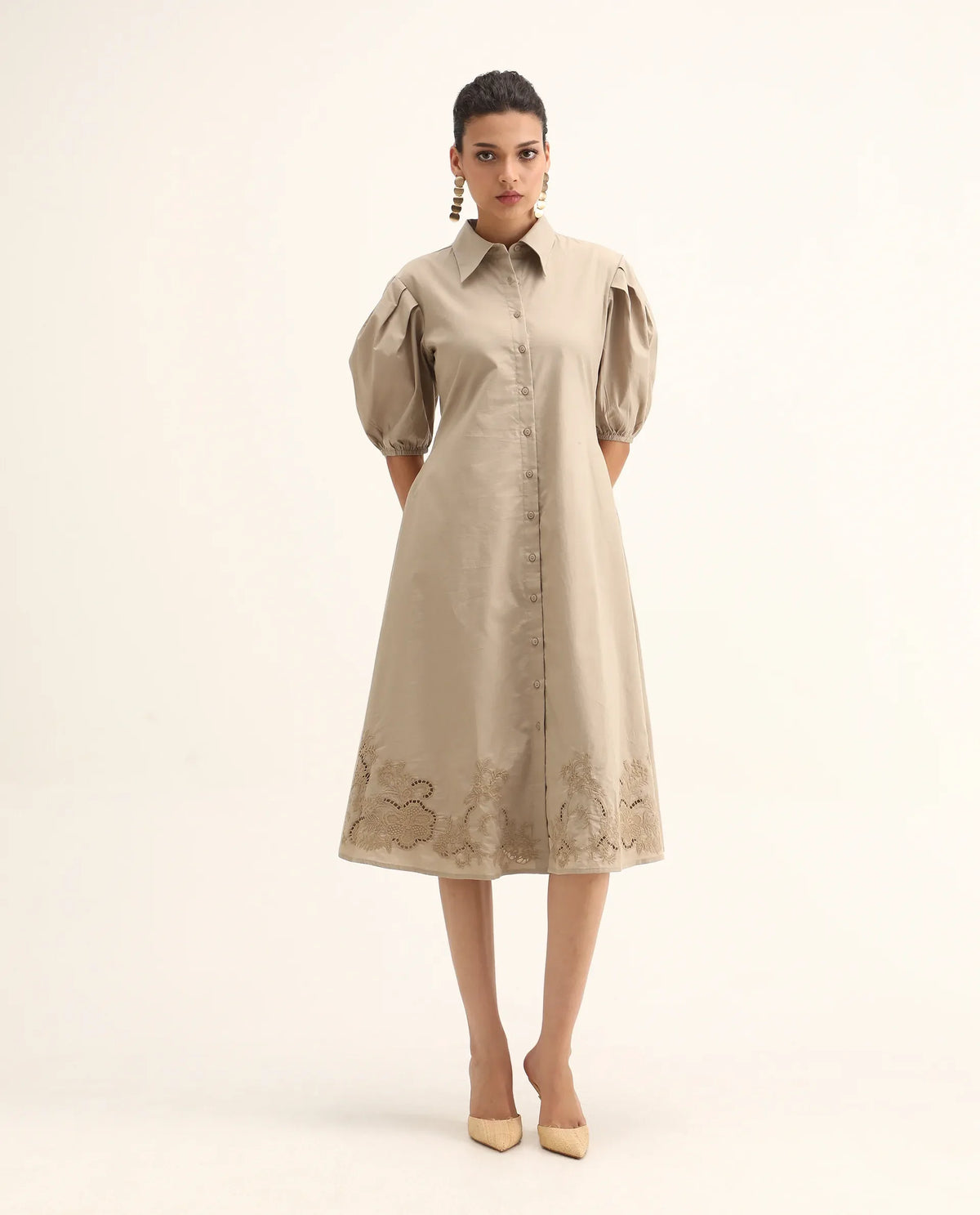Rareism Women's Jembo Beige Cotton Collared Neck A-Line Geometric Print Midi Dress