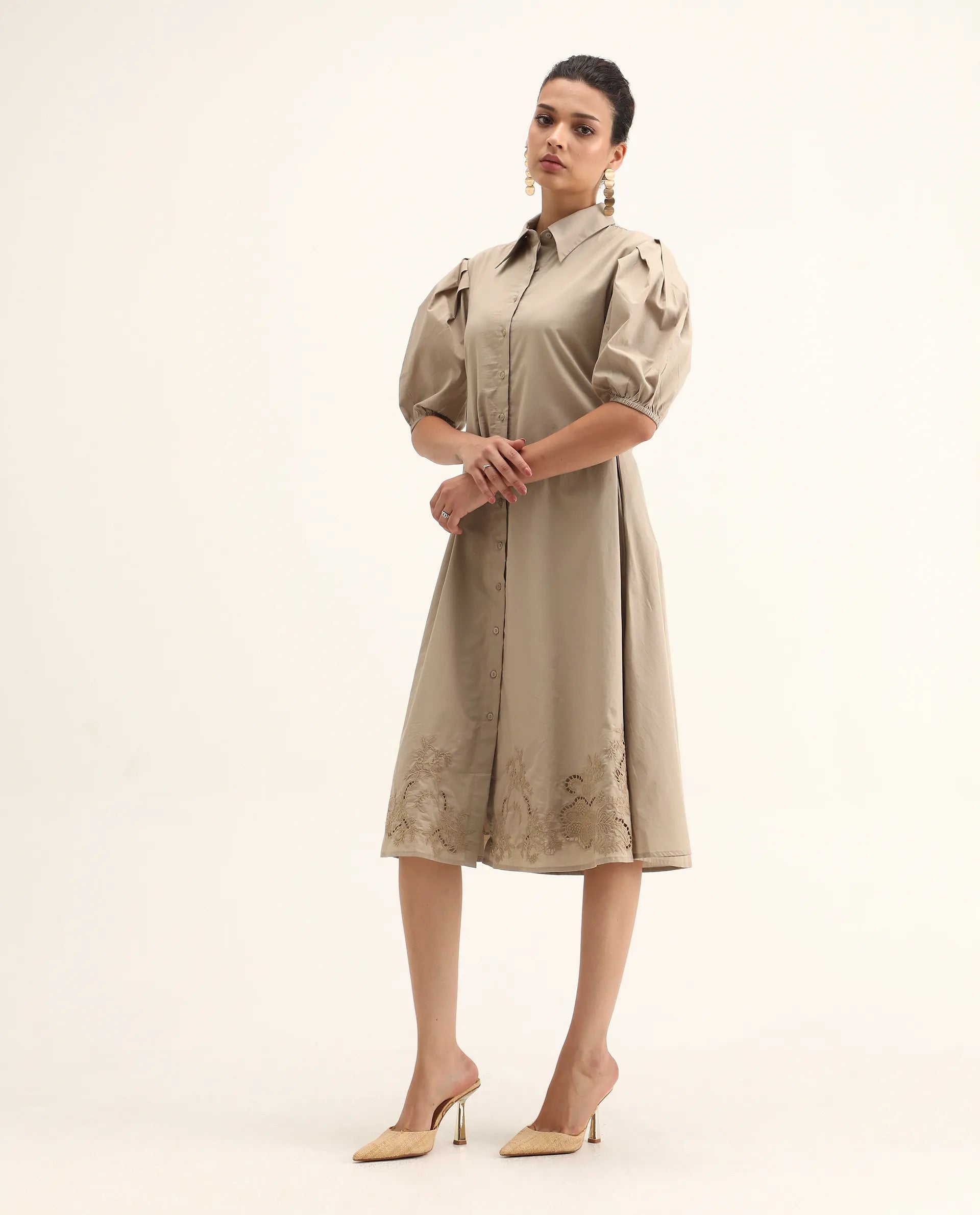 Rareism Women's Jembo Beige Cotton Collared Neck A-Line Geometric Print Midi Dress