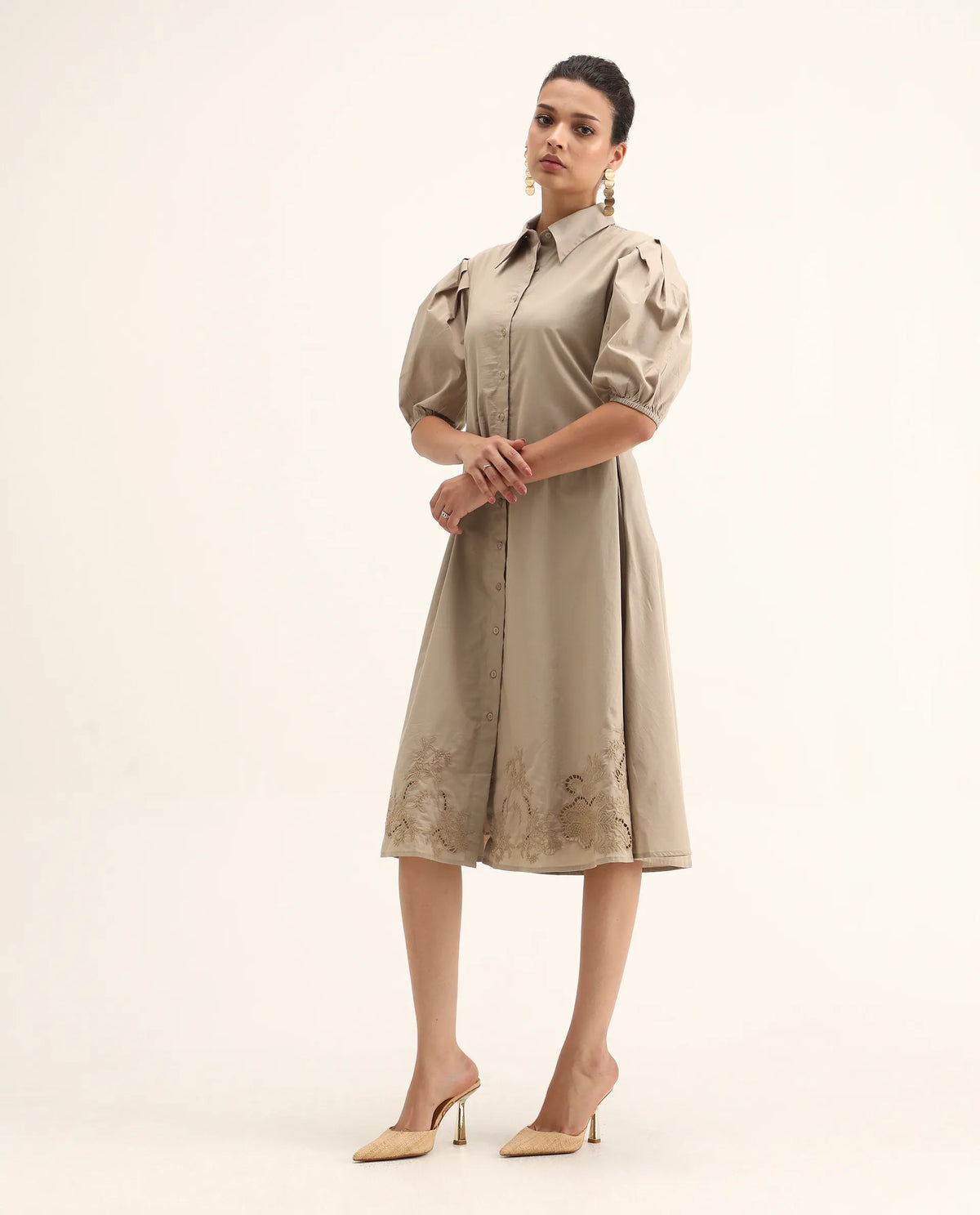 Rareism Women's Jembo Beige Cotton Collared Neck A-Line Geometric Print Midi Dress