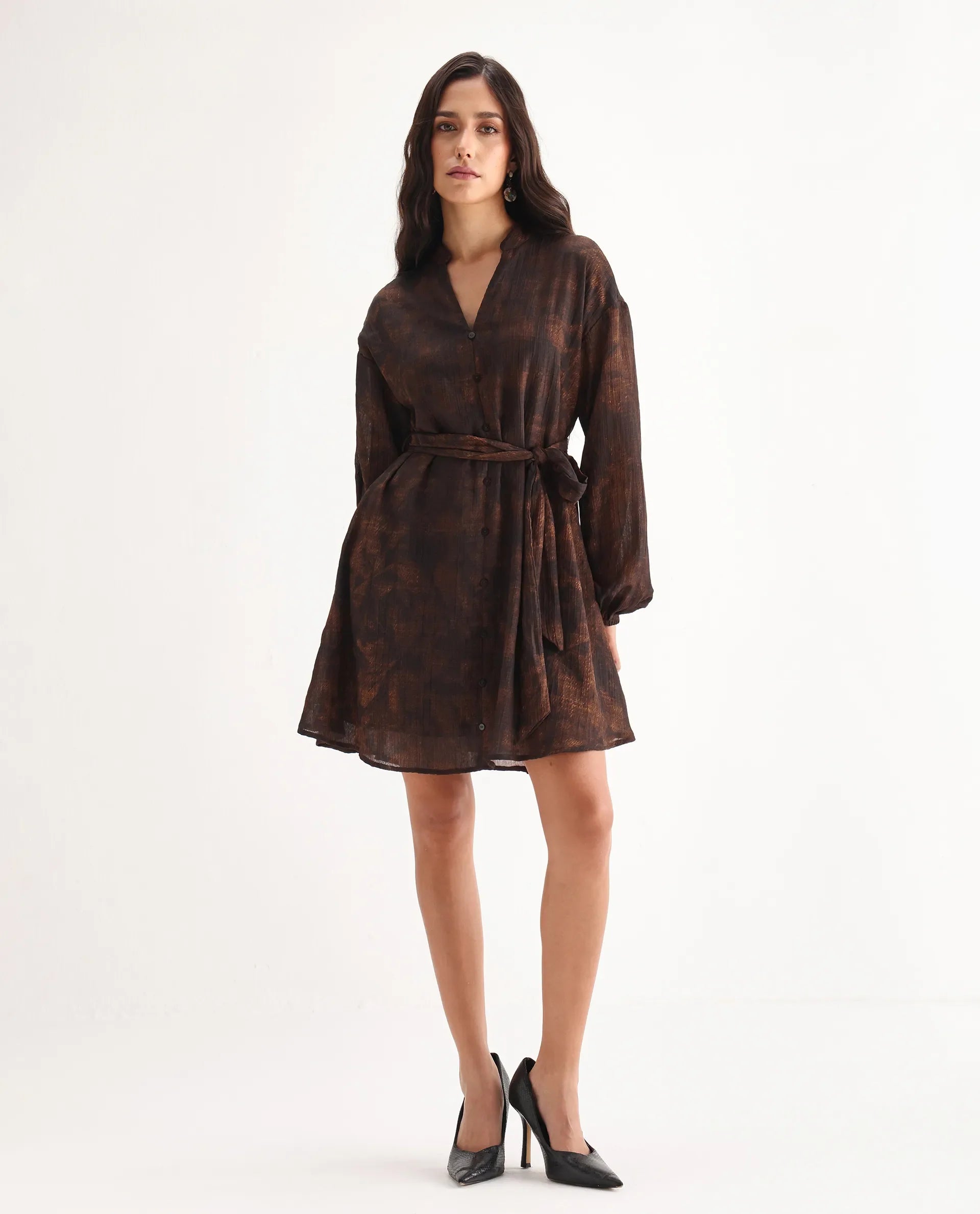 Rareism Women's Jemti Brown Polyester Mandarin Collar Flared Printed Dress