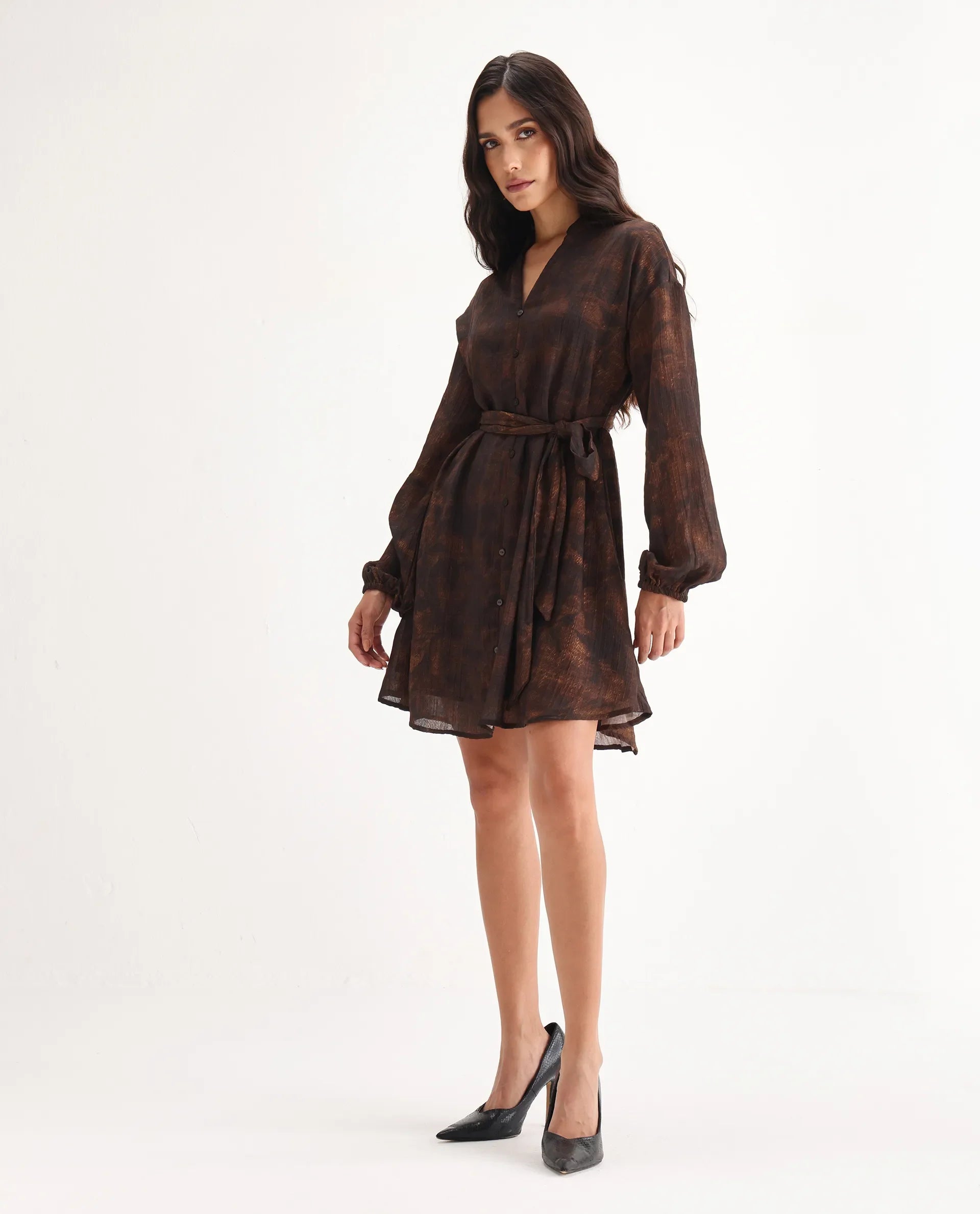 Rareism Women's Jemti Brown Polyester Mandarin Collar Flared Printed Dress