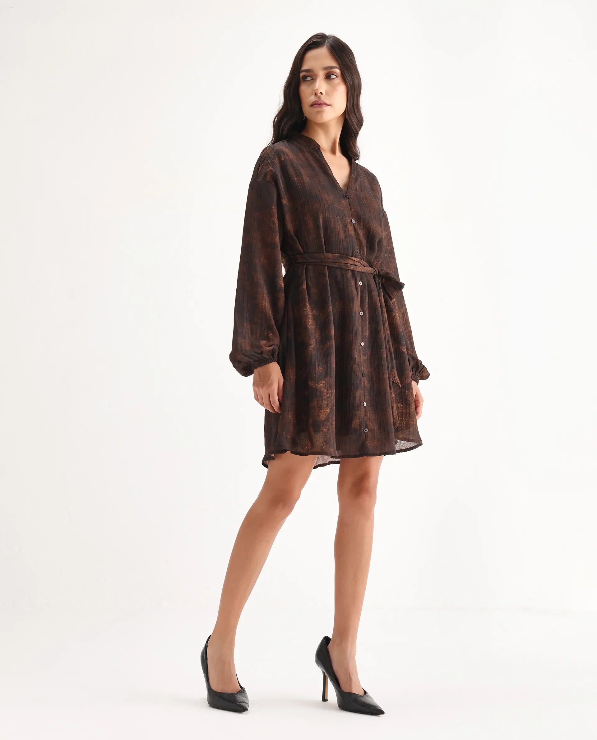 Rareism Women's Jemti Brown Polyester Mandarin Collar Flared Printed Dress