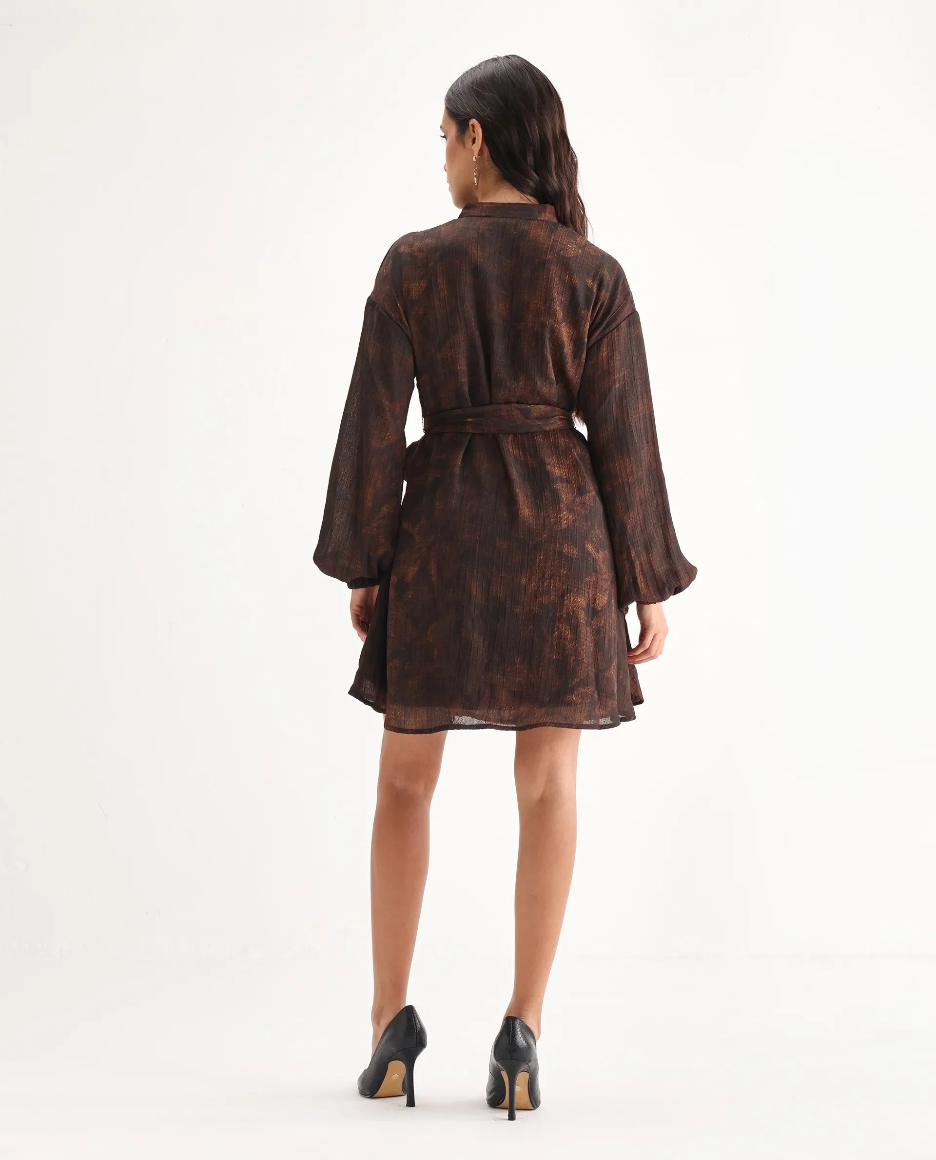 Rareism Women's Jemti Brown Polyester Mandarin Collar Flared Printed Dress