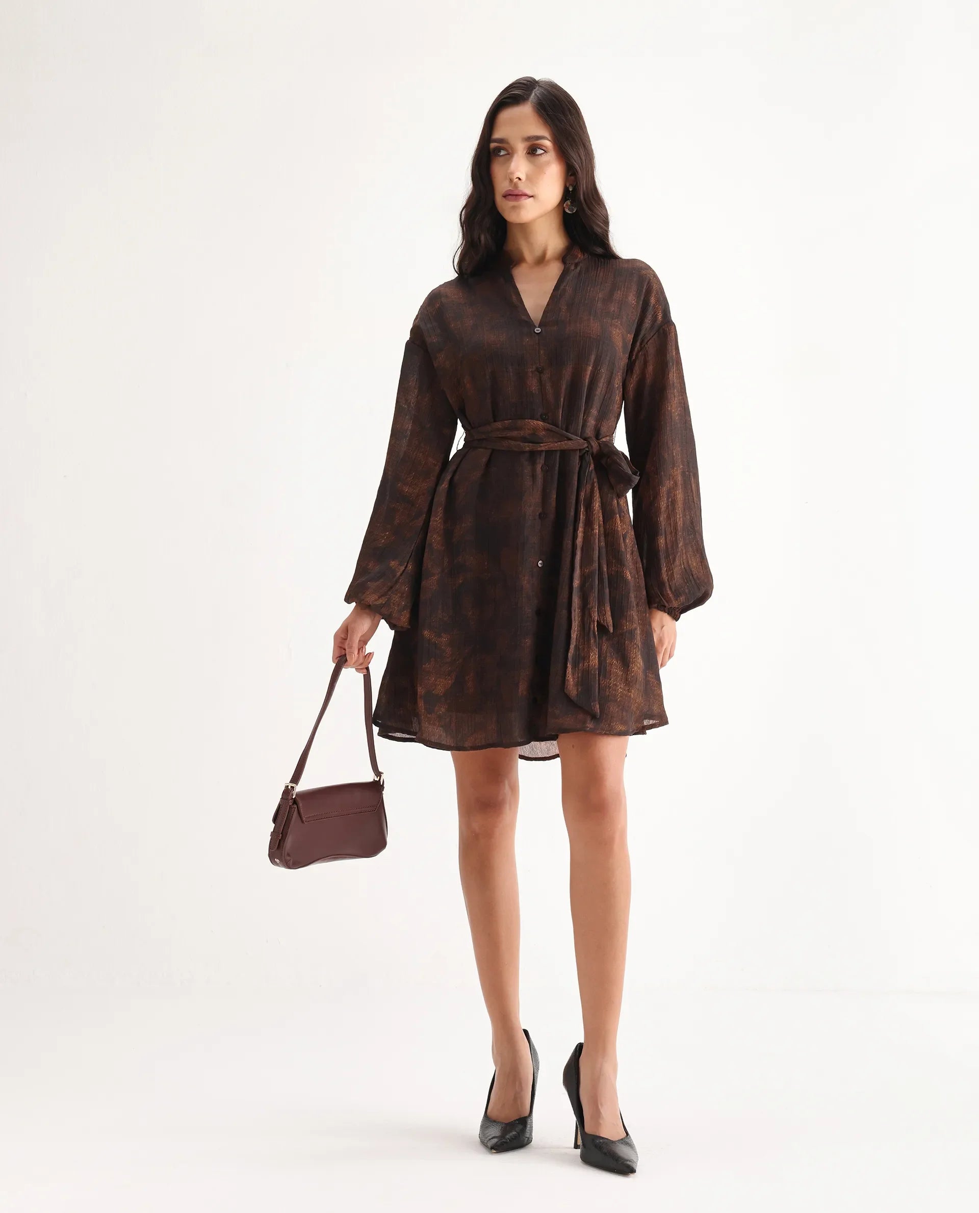 Rareism Women's Jemti Brown Polyester Mandarin Collar Flared Printed Dress
