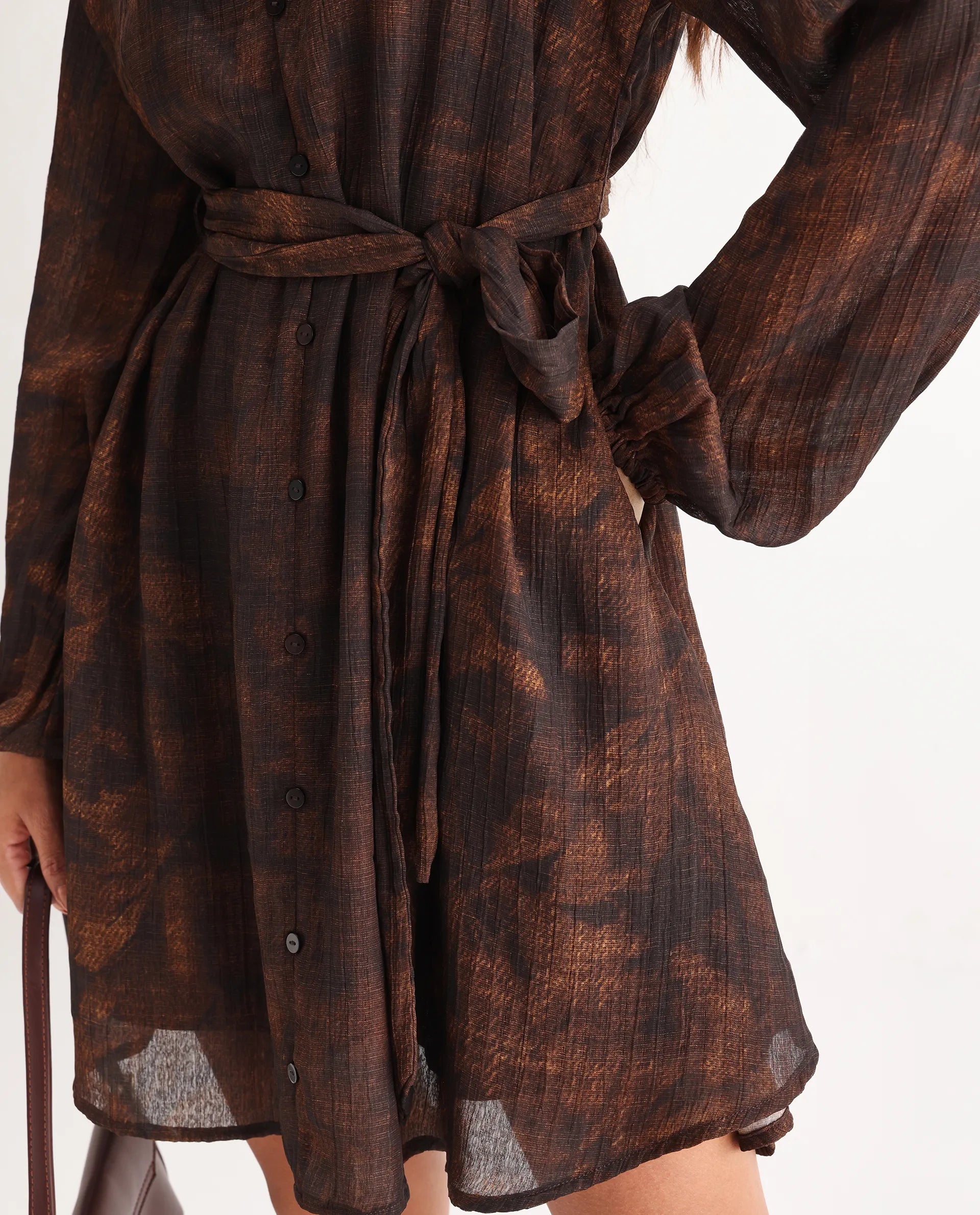 Rareism Women's Jemti Brown Polyester Mandarin Collar Flared Printed Dress