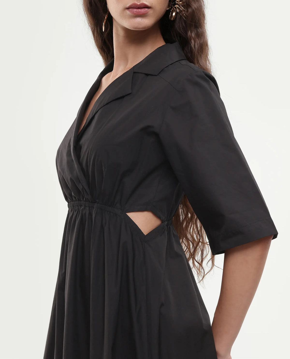 Rareism Women's Jenbo Black Cotton Lapel Neck A-Line Plain Dress