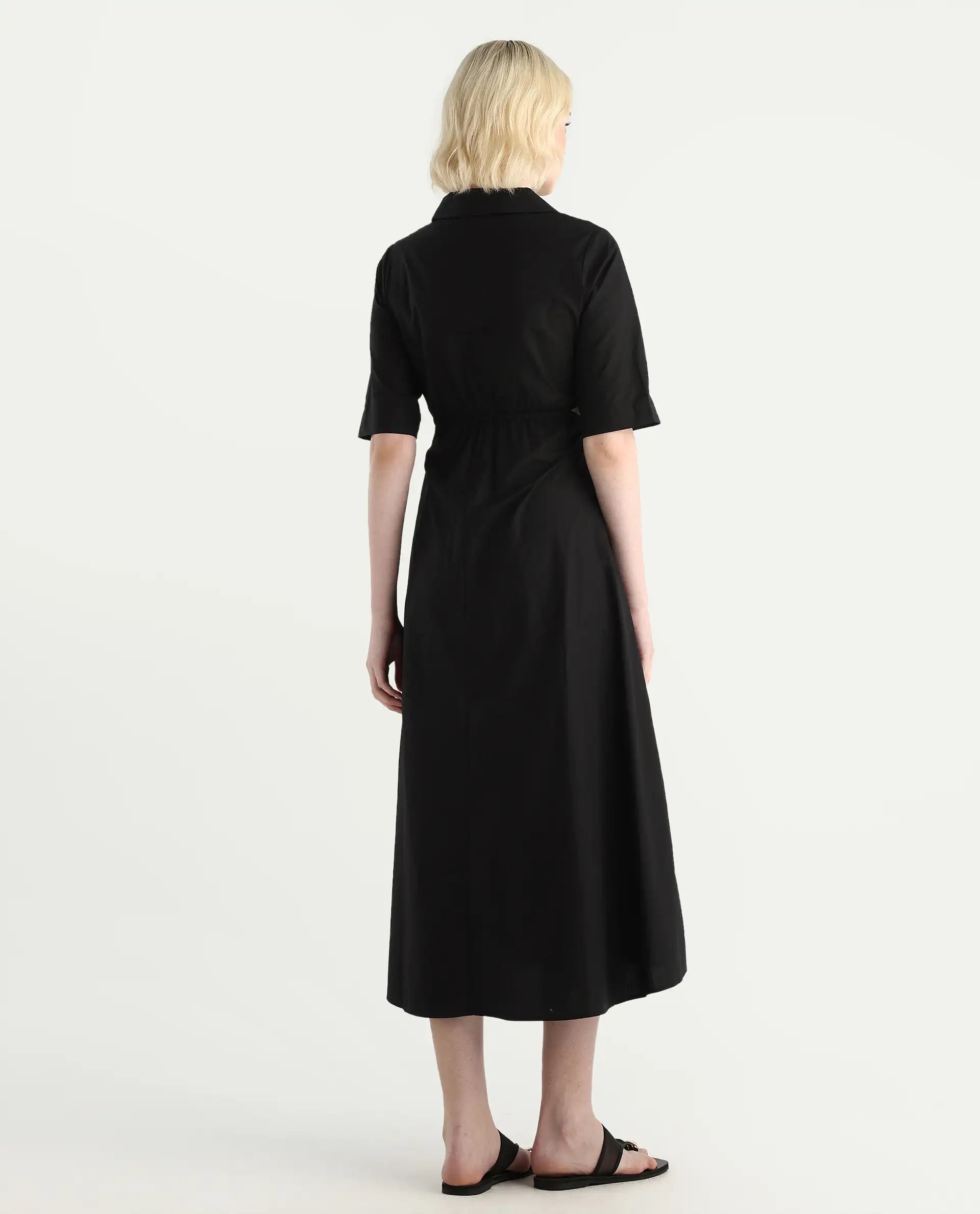 Rareism Women's Jenbo Black Cotton Lapel Neck A-Line Plain Dress