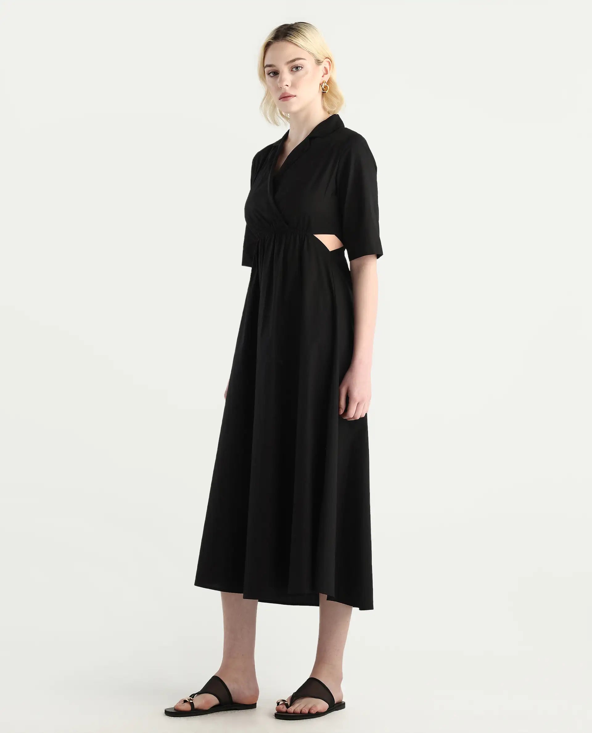 Rareism Women's Jenbo Black Cotton Lapel Neck A-Line Plain Dress
