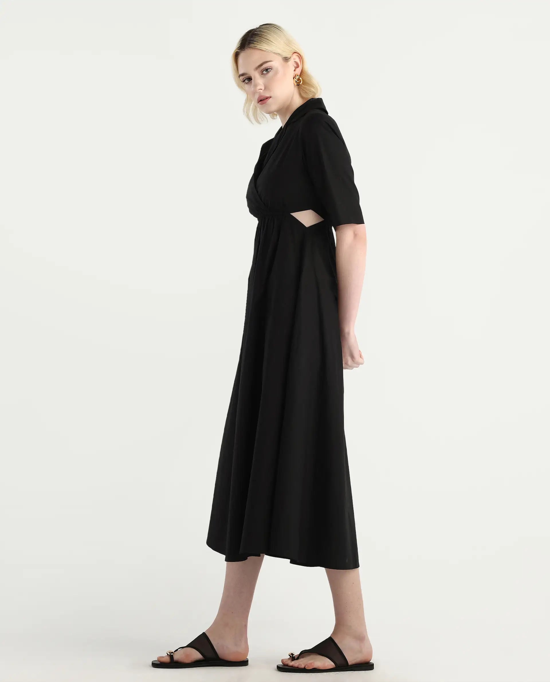 Rareism Women's Jenbo Black Cotton Lapel Neck A-Line Plain Dress