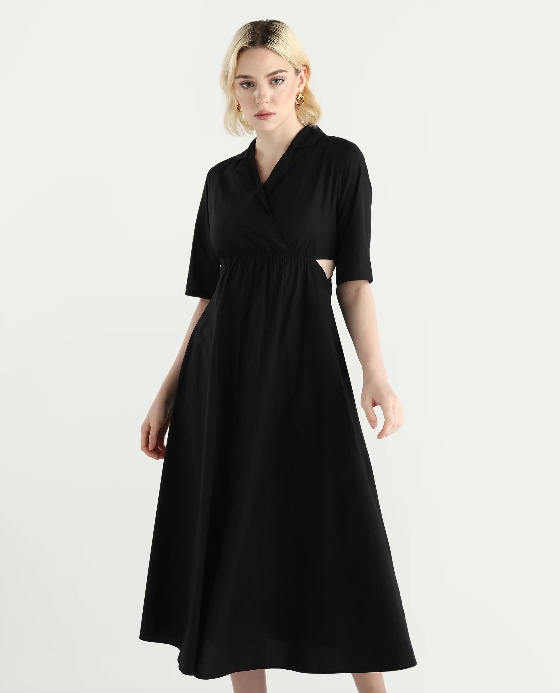 Rareism Women's Jenbo Black Cotton Lapel Neck A-Line Plain Dress