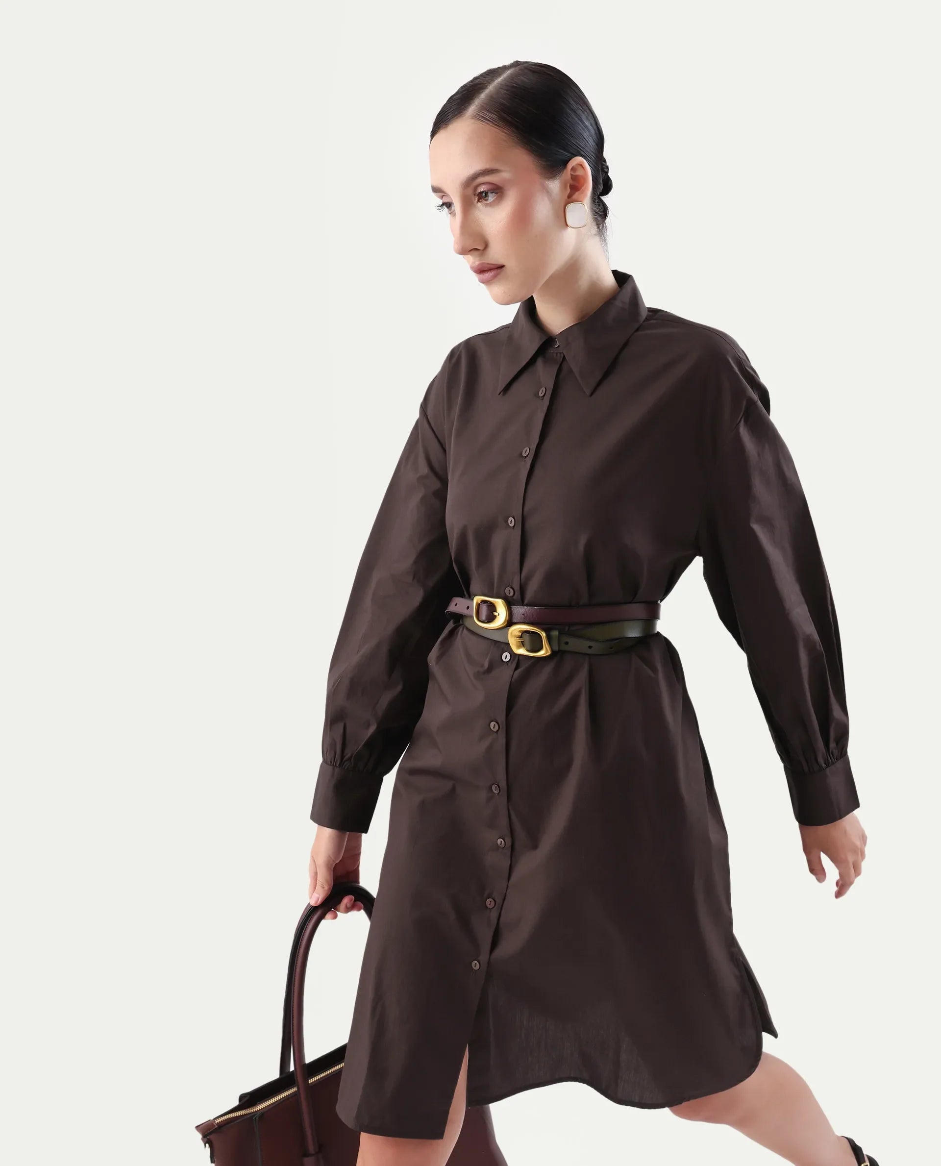 Rareism Women's Jencot Brown Cotton Collared Neck A-Line Plain Dress