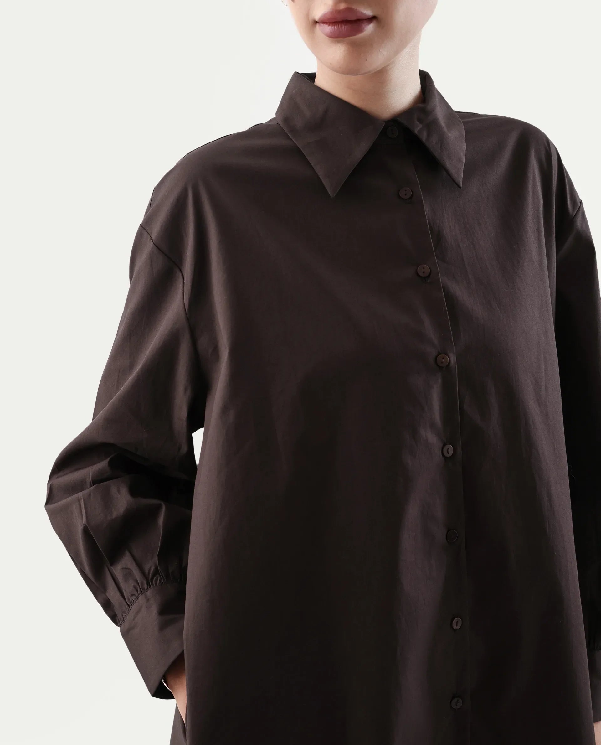 Rareism Women's Jencot Brown Cotton Collared Neck A-Line Plain Dress