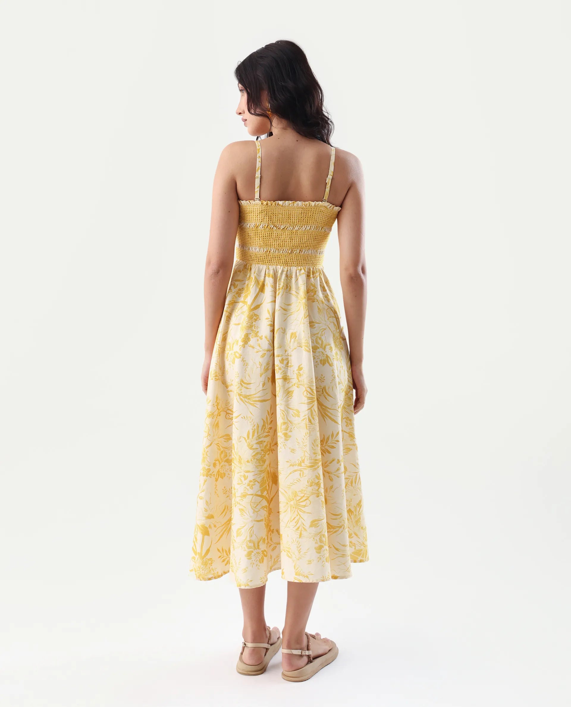 Rareism Women's Jendim Beige Cotton Tube Neck Fit And Flare Printed Midi Dress